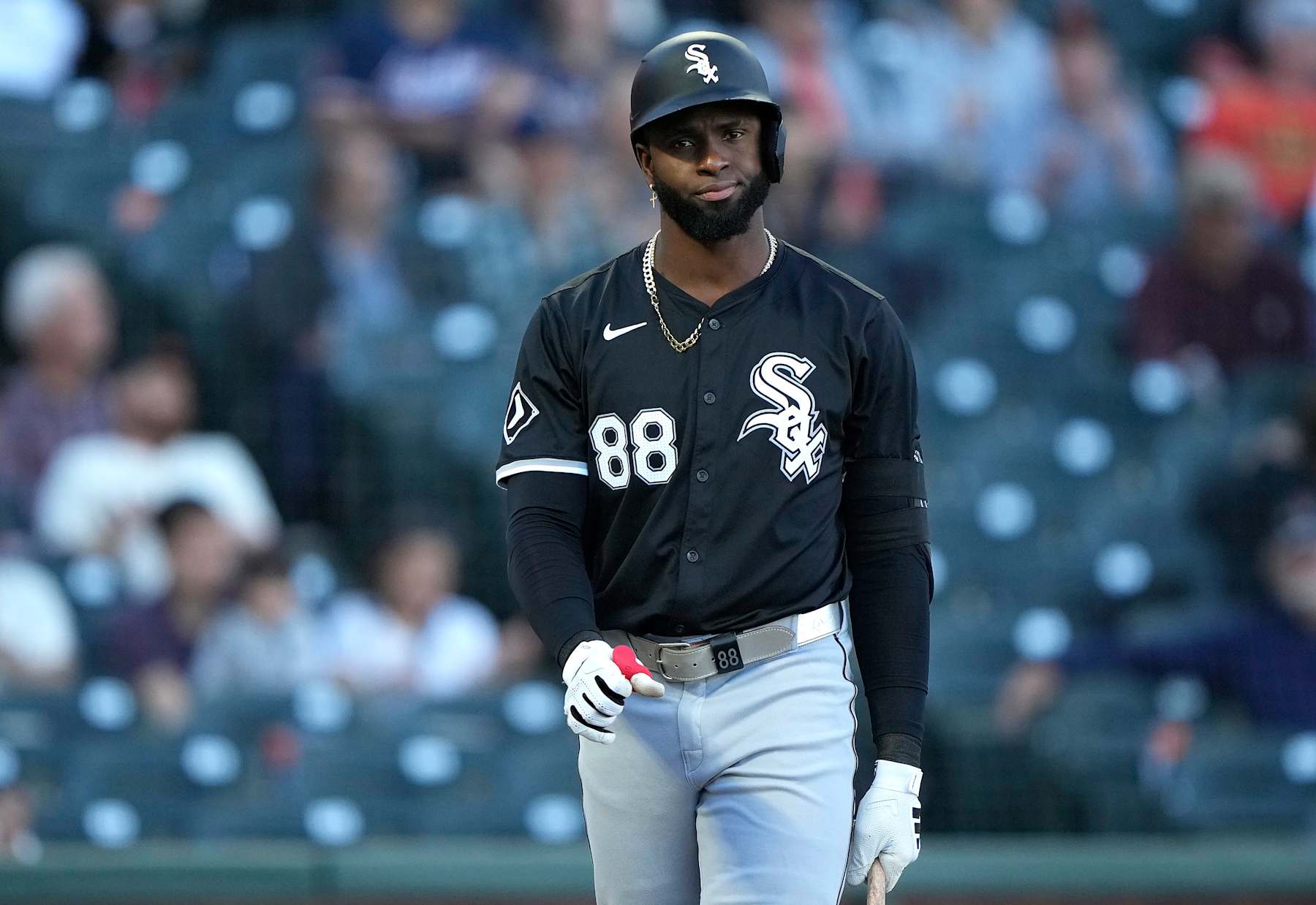 SAN FRANCISCO, CALIFORNIA - AUGUST 20: Luis Robert Jr. #88 of the Chicago White Sox walks back to the dugout after striking out against the San Francisco Giants in the top of the first inning at Oracle Park on August 20, 2024 in San Francisco, California. (Photo by Thearon W. Henderson/Getty Images)