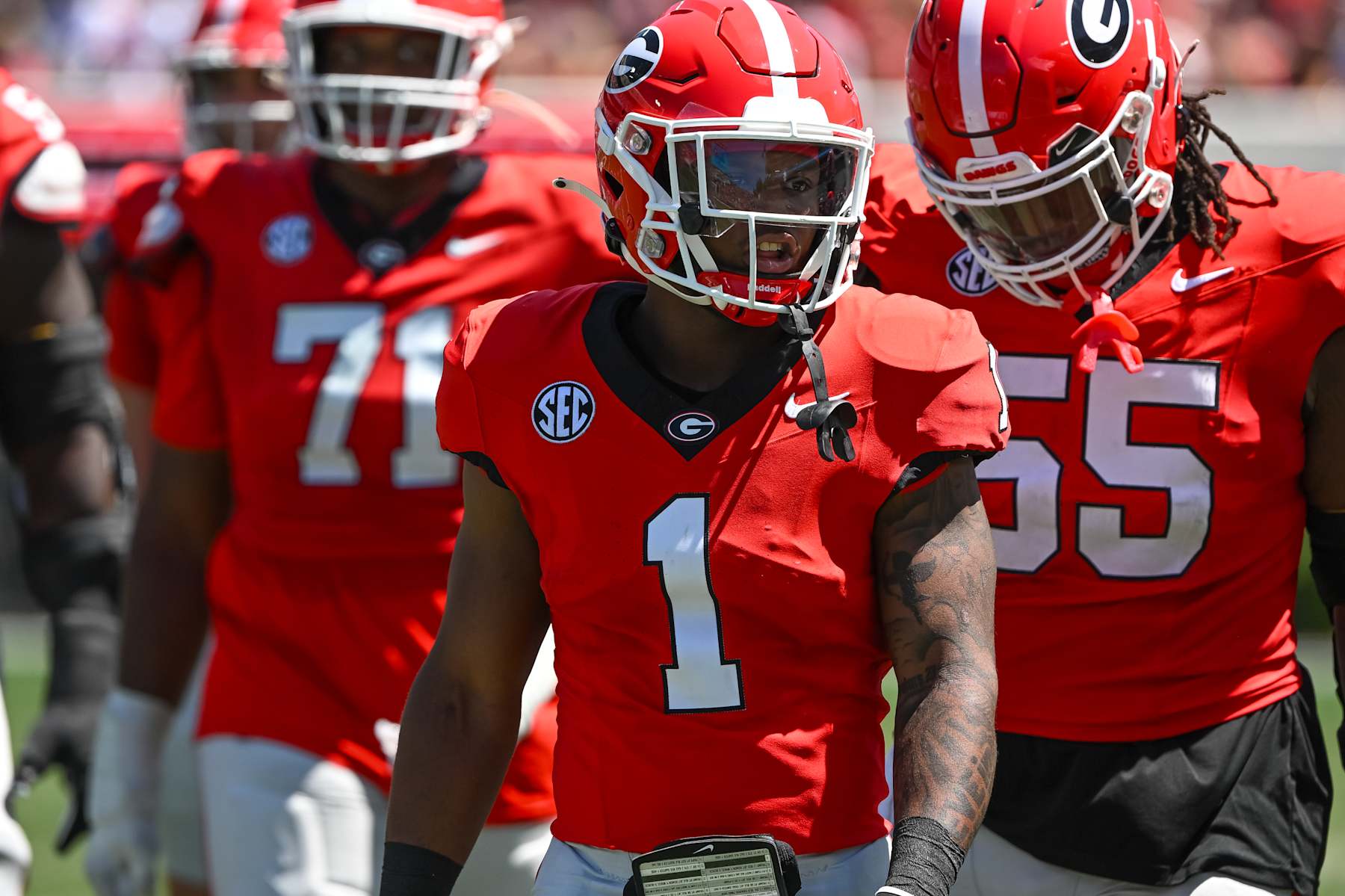 ATHENS, GA - APRIL 13:  Georgia Bulldogs RB Trevor Etienne (1) during the G-Day Red and Black Spring Game on April 13, 2024, at Sanford Stadium in Athens, GA. (Photo by John Adams/Icon Sportswire via Getty Images)