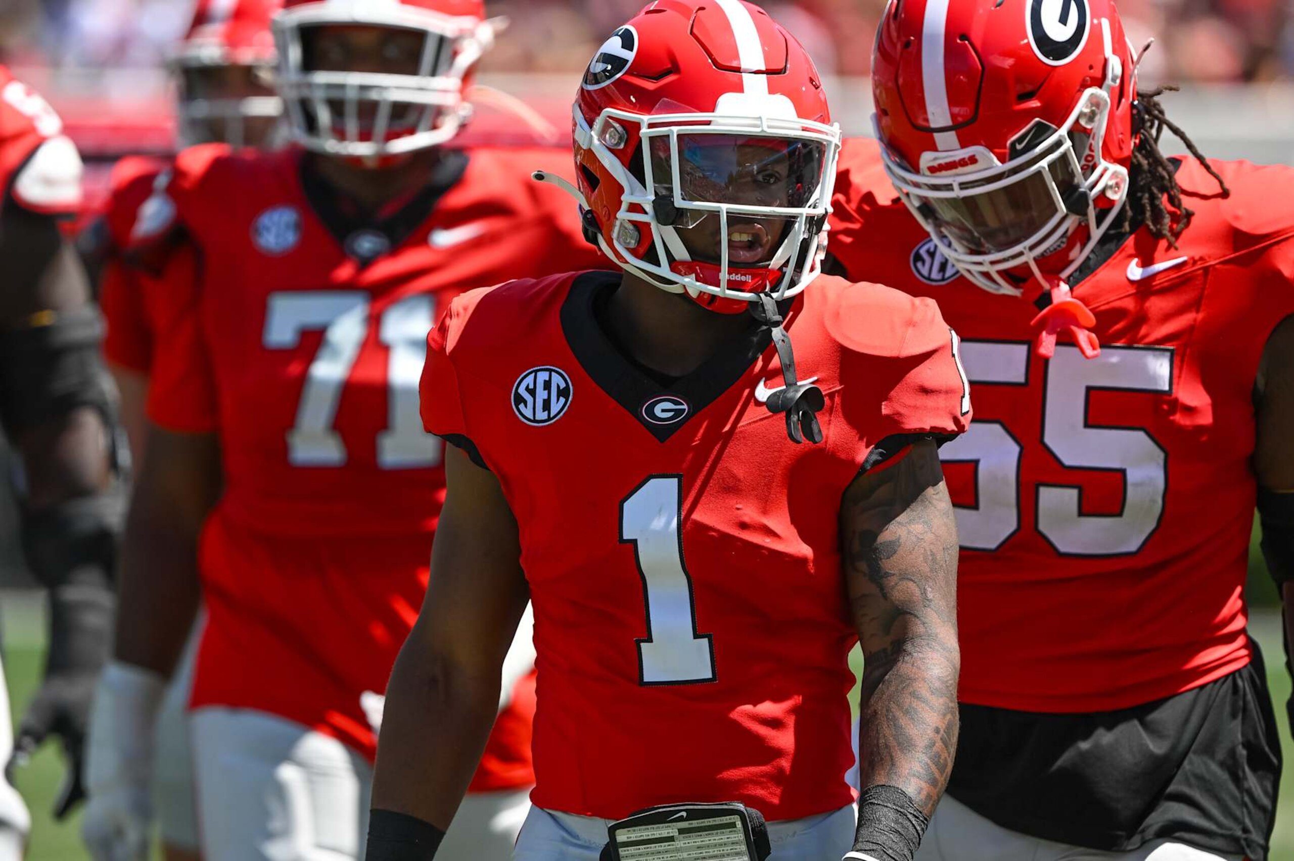 ATHENS, GA - APRIL 13:  Georgia Bulldogs RB Trevor Etienne (1) during the G-Day Red and Black Spring Game on April 13, 2024, at Sanford Stadium in Athens, GA. (Photo by John Adams/Icon Sportswire via Getty Images)