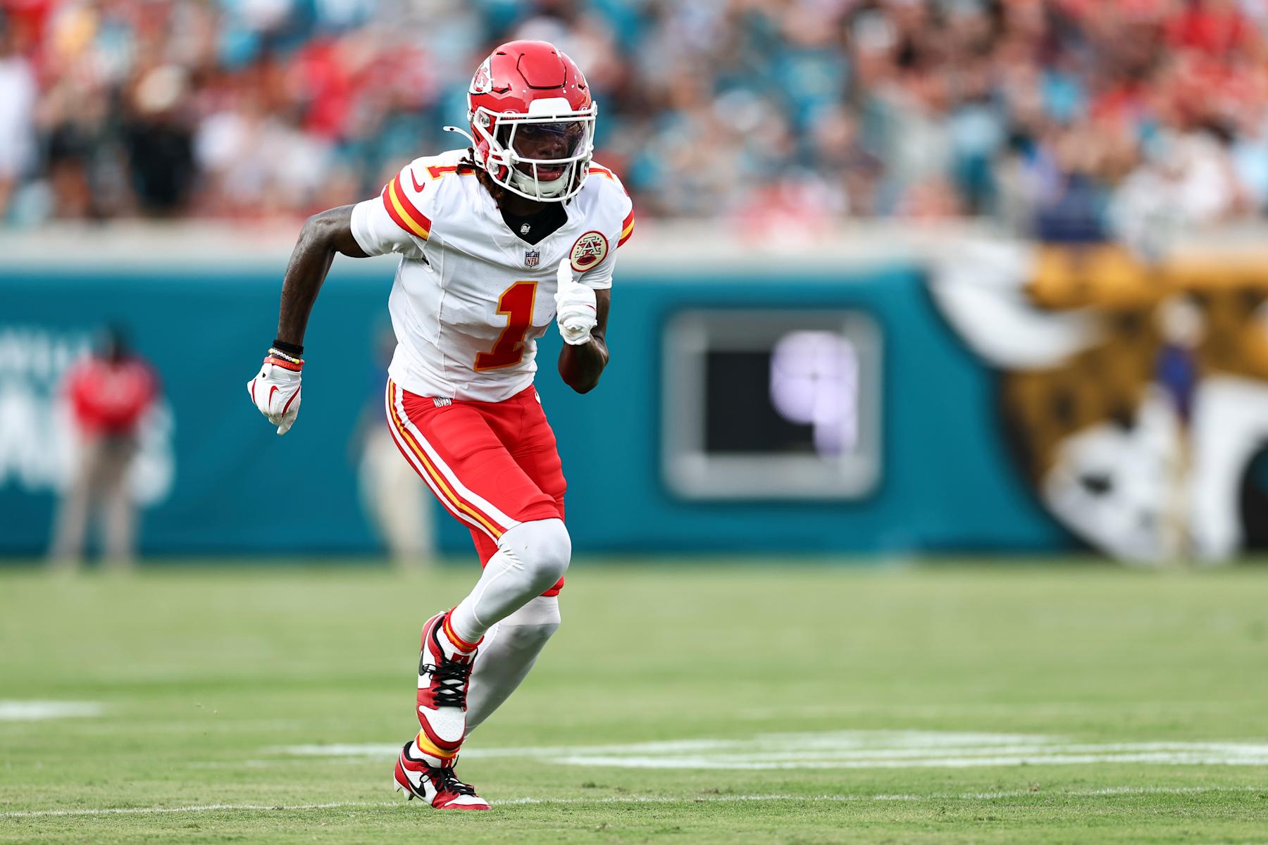 JACKSONVILLE, FL - AUGUST 10: Xavier Worthy #1 of the Kansas City Chiefs runs downfield during the first quarter of an NFL preseason football game against the Jacksonville Jaguars at EverBank Stadium on August 10, 2024 in Jacksonville, Florida. (Photo by Kevin Sabitus/Getty Images)