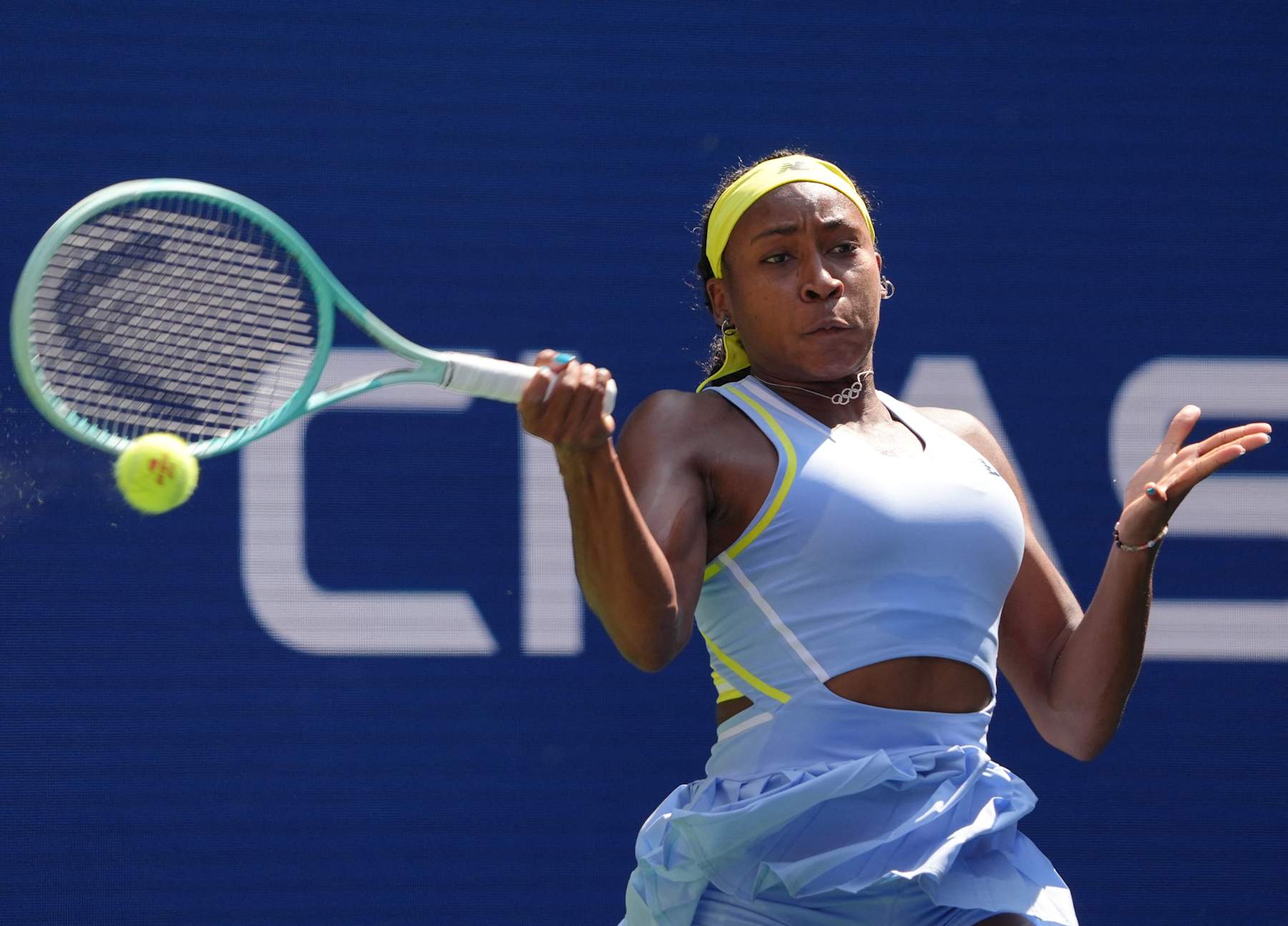 USA's Coco Gauff plays a forehand return to France's Varvara Gracheva during their women's singles first round tennis match on day one of the US Open tennis tournament at the USTA Billie Jean King National Tennis Center in New York City, on August 26, 2024. (Photo by TIMOTHY A. CLARY / AFP) (Photo by TIMOTHY A. CLARY/AFP via Getty Images)