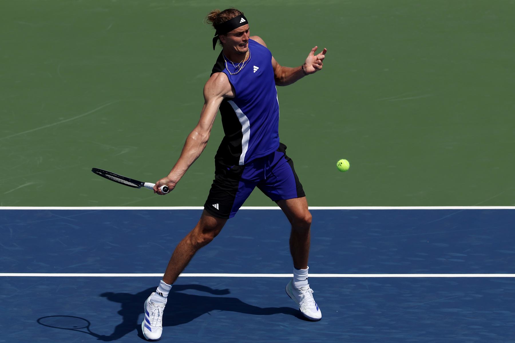 NEW YORK, NEW YORK - AUGUST 26: Alexander Zverev of Germany returns against Maximilian Marterer of Germany during their Men's Singles First Round match on Day One of the 2024 US Open at the USTA Billie Jean King National Tennis Center on August 26, 2024 in the Flushing neighborhood of the Queens borough of New York City. (Photo by Matthew Stockman/Getty Images)