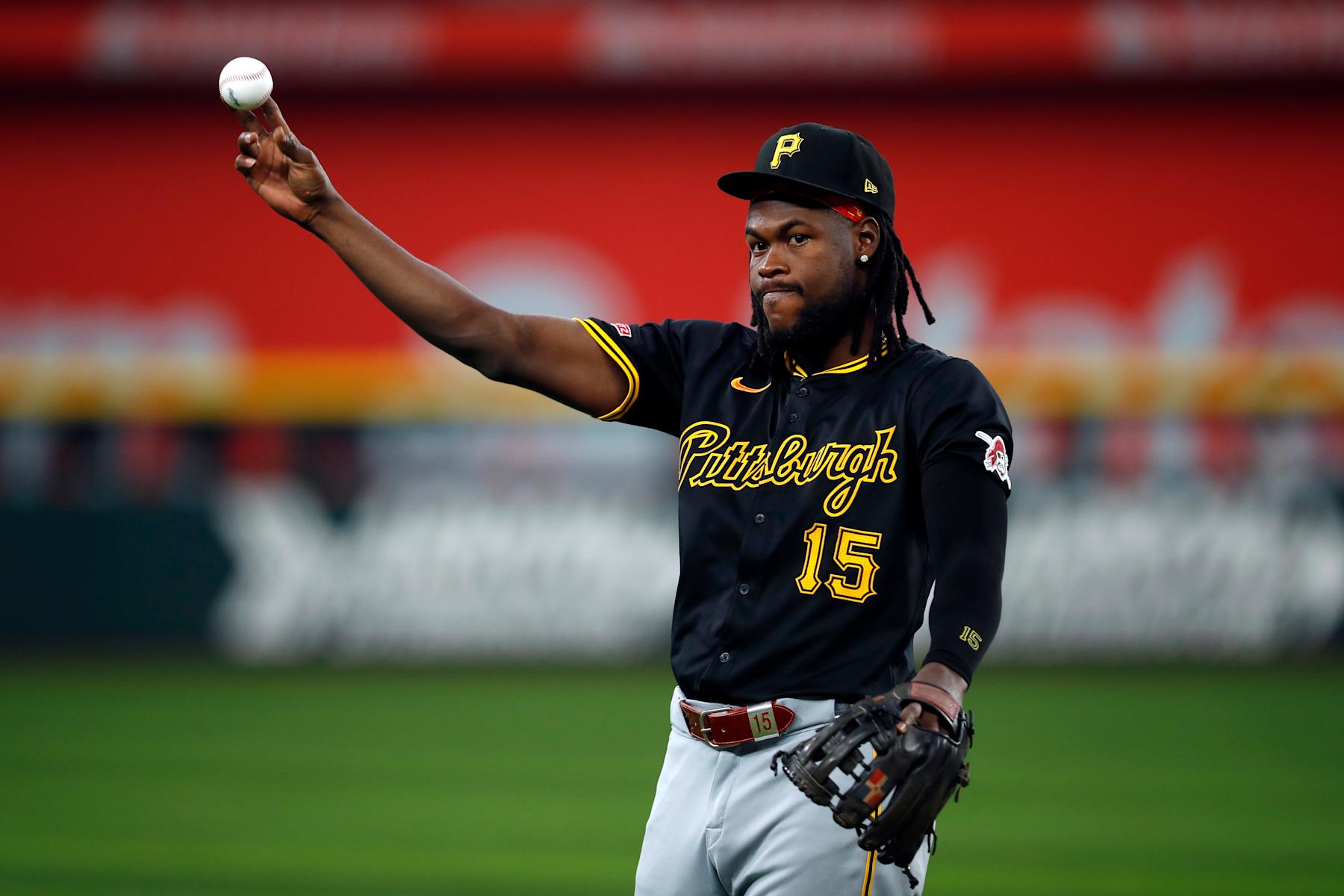 ARLINGTON, TX - AUGUST 21:  Oneil Cruz #15 of the Pittsburgh Pirates warms up during batting practice prior to the game between the Pittsburgh Pirates and the Texas Rangers at Globe Life Field on Wednesday, August 21, 2024 in Arlington, Texas. (Photo by Ray Bahner/MLB Photos via Getty Images)