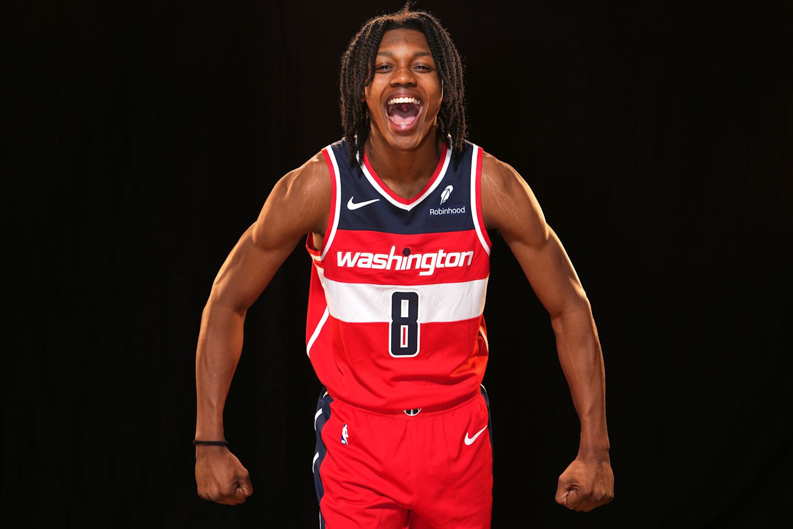 LAS VEGAS, NV - JULY 17: Bub Carrington #8 of the Washington Wizards poses for a portrait during the 2024 NBA Rookie Photo Shoot on July 17, 2024 at the University of Nevada, Las Vegas campus in Las Vegas, Nevada. NOTE TO USER: User expressly acknowledges and agrees that, by downloading and/or using this Photograph, user is consenting to the terms and conditions of the Getty Images License Agreement. Mandatory Copyright Notice: Copyright 2024 NBAE (Photo by Jeff Bottari/NBAE via Getty Images)