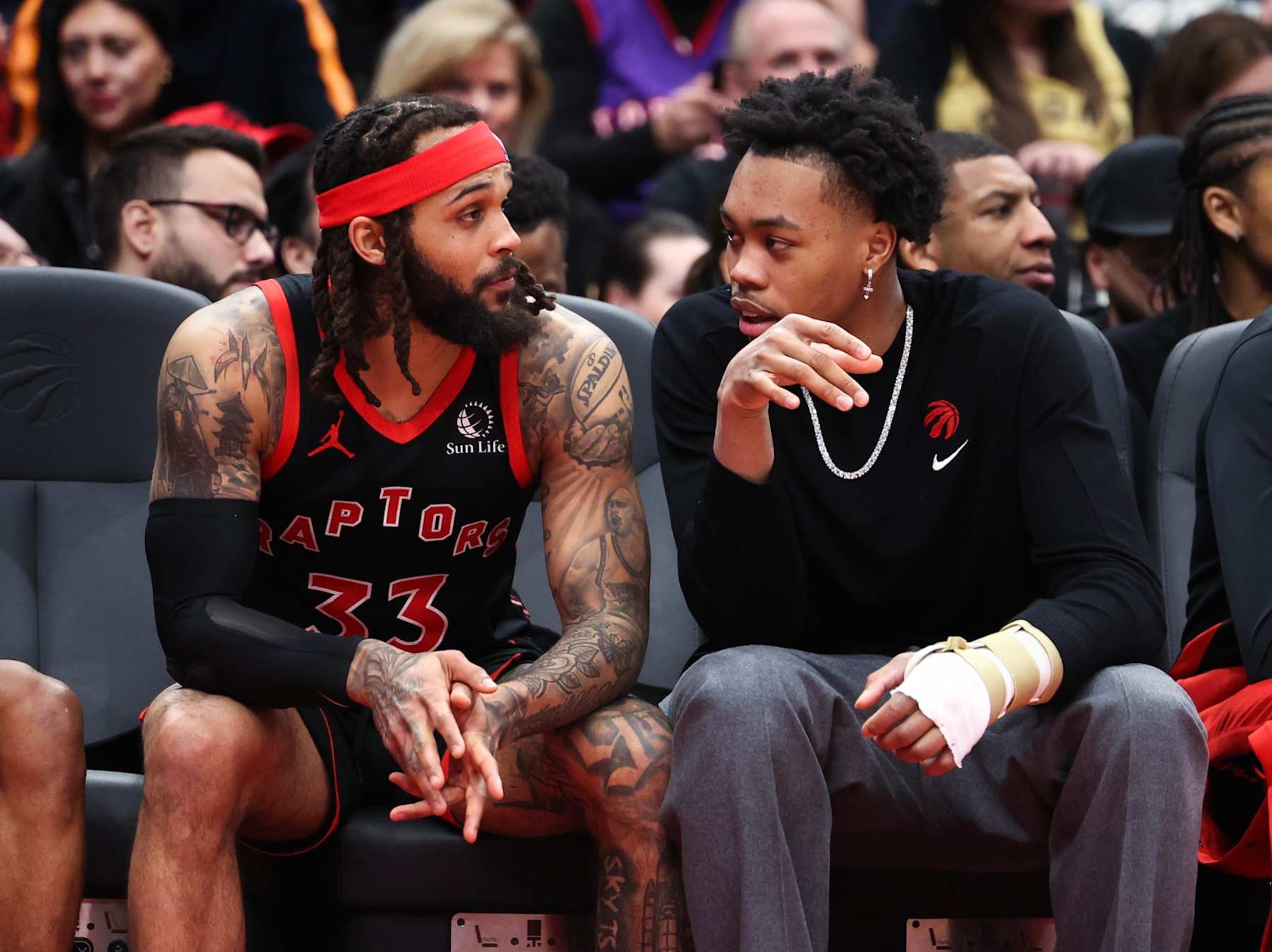 TORONTO, ON - March 15  In first half action, on the bench, the injured Scottie Barnes has a chat with Gary Trent Jr.
The Toronto Raptors took on the Orlando Magic in NBA basketball action at the Scotiabank Arena.  
March 15 2024 Richard Lautens/Toronto Star        (Richard Lautens/Toronto Star via Getty Images)