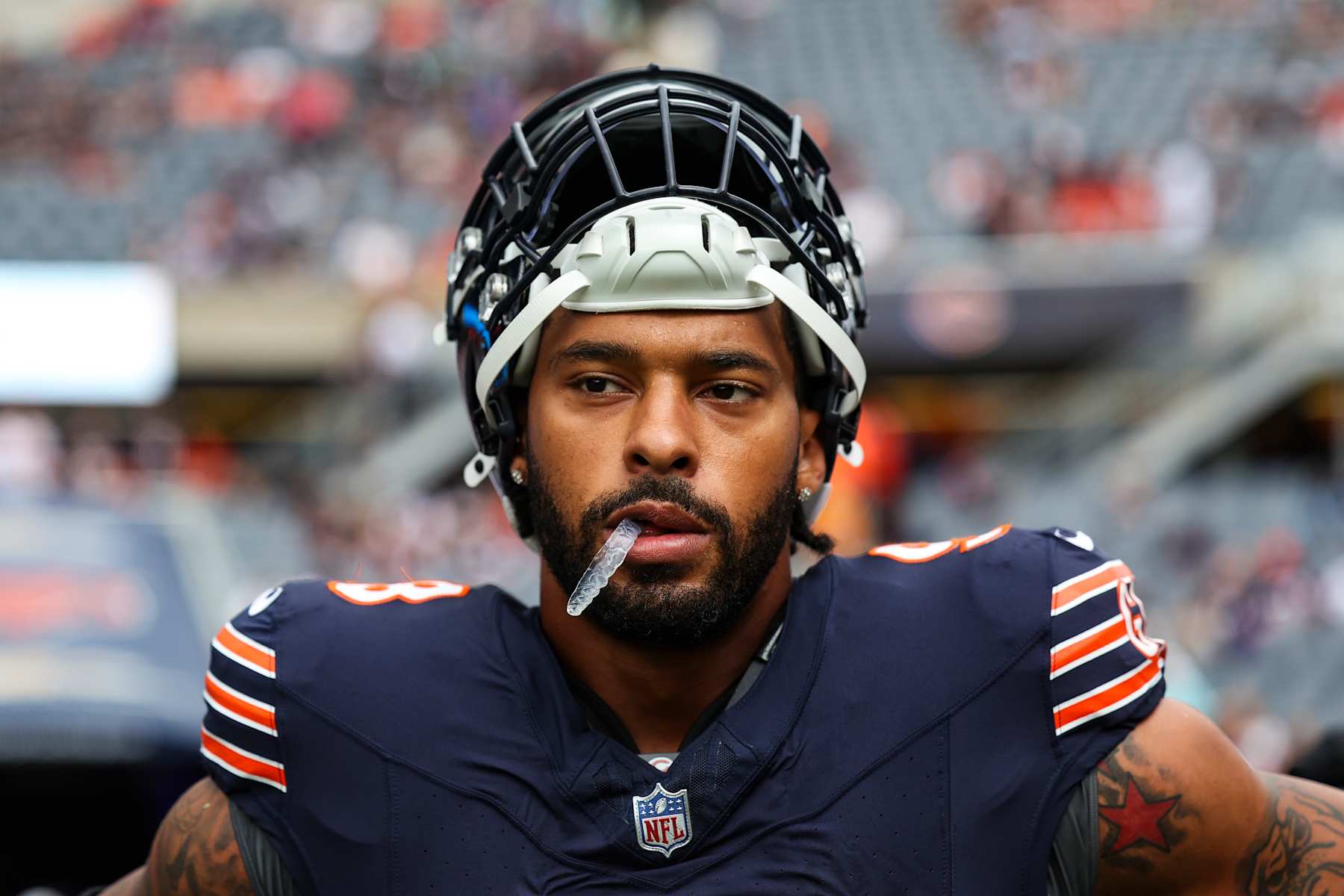 CHICAGO, IL - AUGUST 17: Montez Sweat #98 of the Chicago Bears looks on prior to an NFL football game against the Cincinnati Bengals at Solider Field on August 17, 2024 in Chicago, Illinois. (Photo by Perry Knotts/Getty Images)