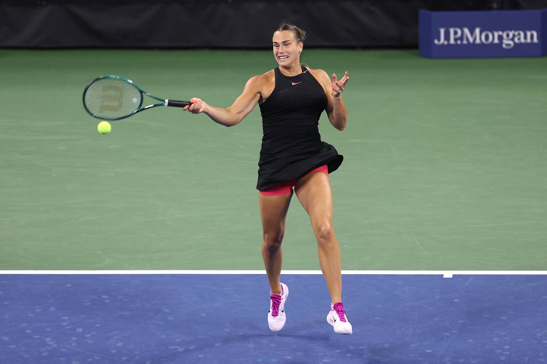 NEW YORK, NEW YORK - AUGUST 26: Aryna Sabalenka of Belarus returns against Priscilla Hon of Australia during their Women's Singles First Round match on Day One of the 2024 US Open at the USTA Billie Jean King National Tennis Center on August 26, 2024 in the Flushing neighborhood of the Queens borough of New York City. (Photo by Jamie Squire/Getty Images)