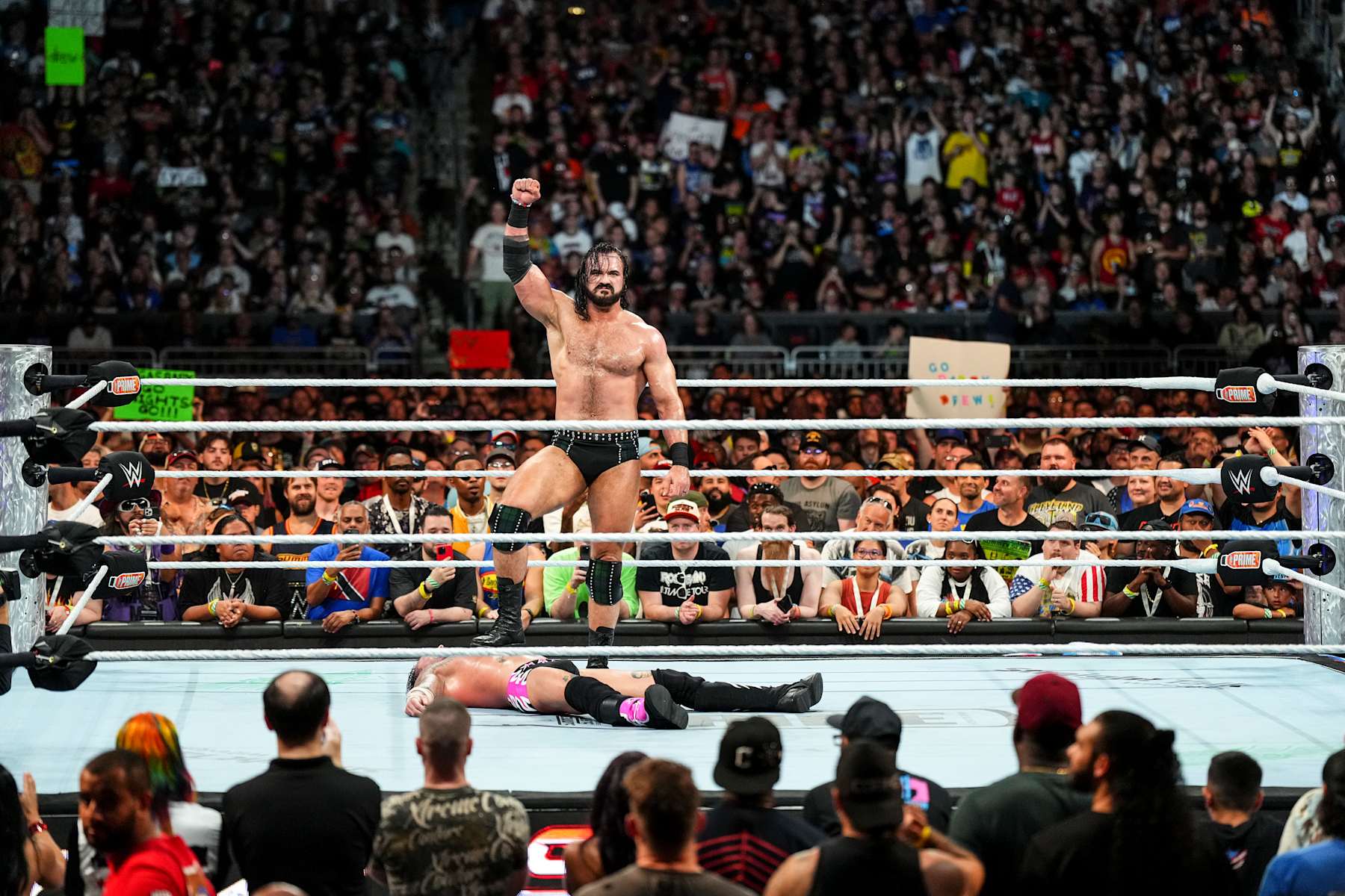CLEVELAND, OHIO - AUGUST 03: Drew McIntyre celebrates his win  during SummerSlam at Cleveland Browns Stadium on August 3, 2024 in Cleveland, Ohio.  (Photo by WWE/Getty Images)