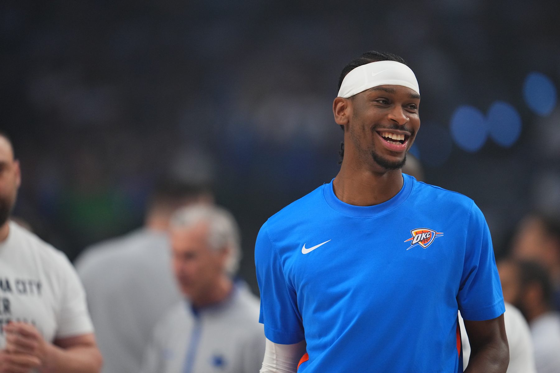 DALLAS, TX - MAY 18: Shai Gilgeous-Alexander #2 of the Oklahoma City Thunder smiles before the game against the Dallas Mavericks during Round 2 Game 6 of the 2024 NBA Playoffs on May 18, 2024 at the American Airlines Center in Dallas, Texas. NOTE TO USER: User expressly acknowledges and agrees that, by downloading and or using this photograph, User is consenting to the terms and conditions of the Getty Images License Agreement. Mandatory Copyright Notice: Copyright 2024 NBAE (Photo by Cooper Neill/NBAE via Getty Images)