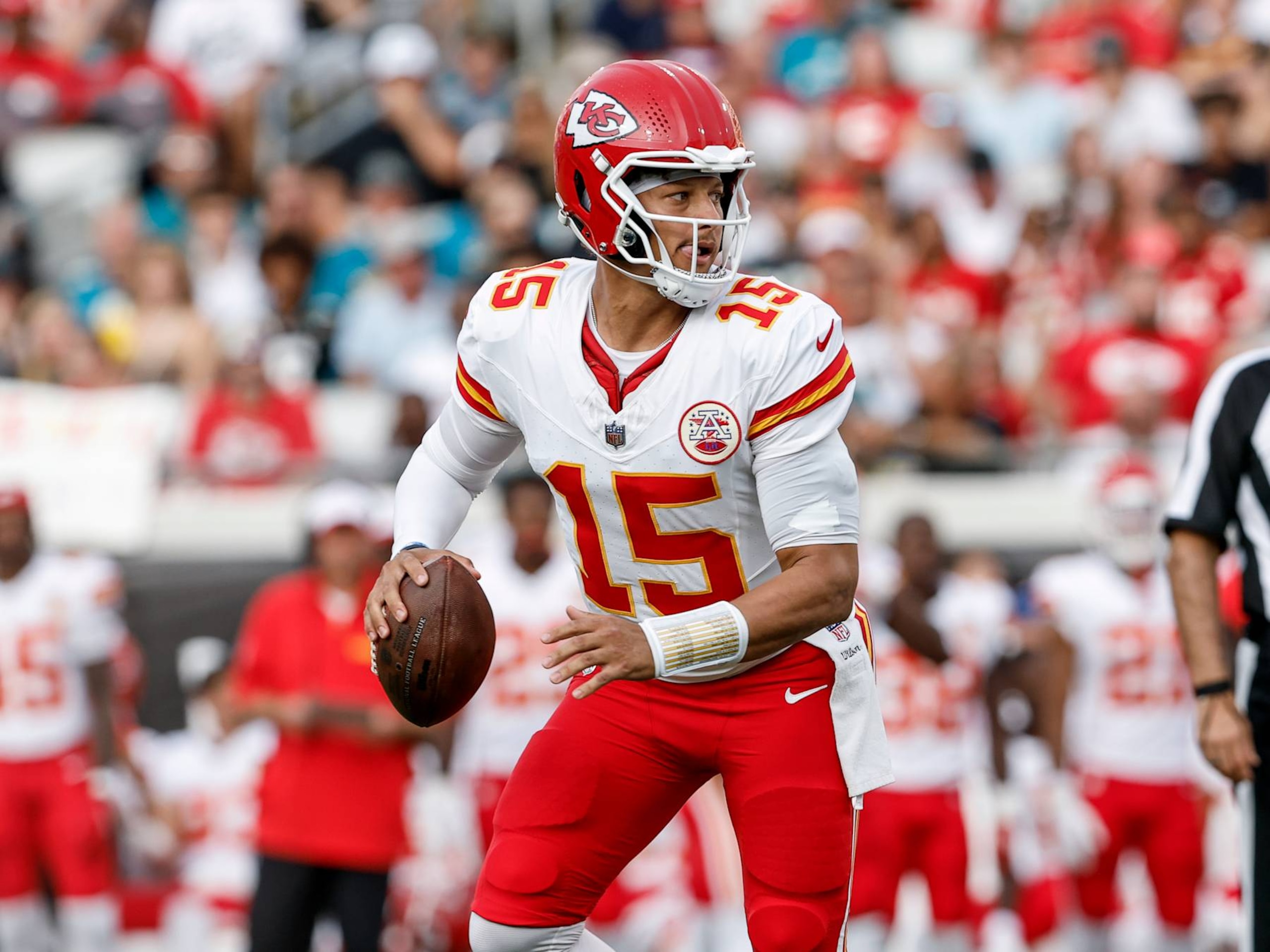 JACKSONVILLE, FL - AUGUST 10: Quarterback Patrick Mahomes #15 of the Kansas City Chiefs on a pass play during a preseason game against the Jacksonville Jaguars at EverBank Stadium on August 10, 2024 in Jacksonville, Florida. The Jaguars defeated the Chiefs 26 to 13. (Photo by Don Juan Moore/Getty Images)