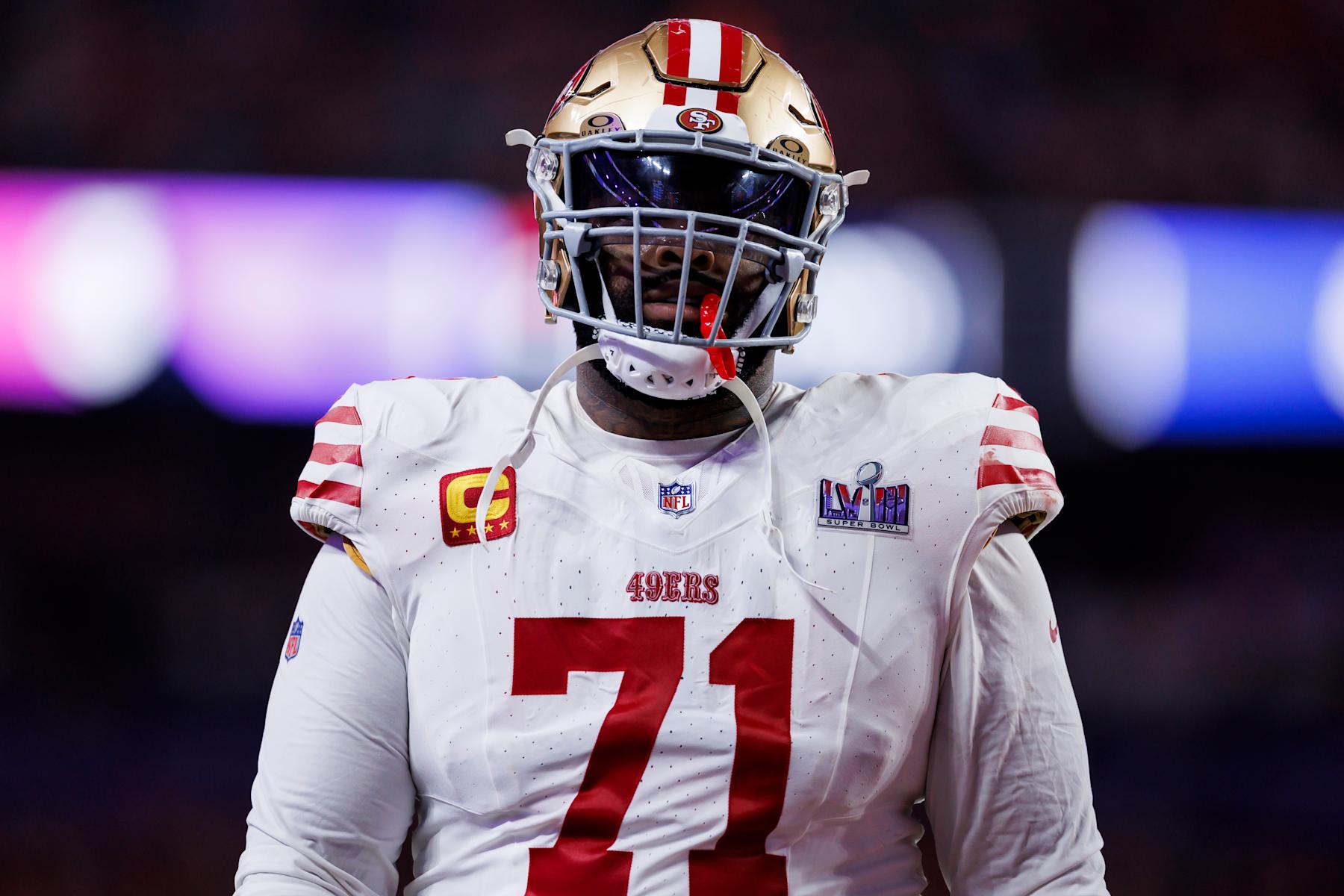 LAS VEGAS, NEVADA - FEBRUARY 11: Trent Williams #71 of the San Francisco 49ers walks off the field during Super Bowl LVIII against the Kansas City Chiefs at Allegiant Stadium on February 11, 2024 in Las Vegas, Nevada. (Photo by Ryan Kang/Getty Images)