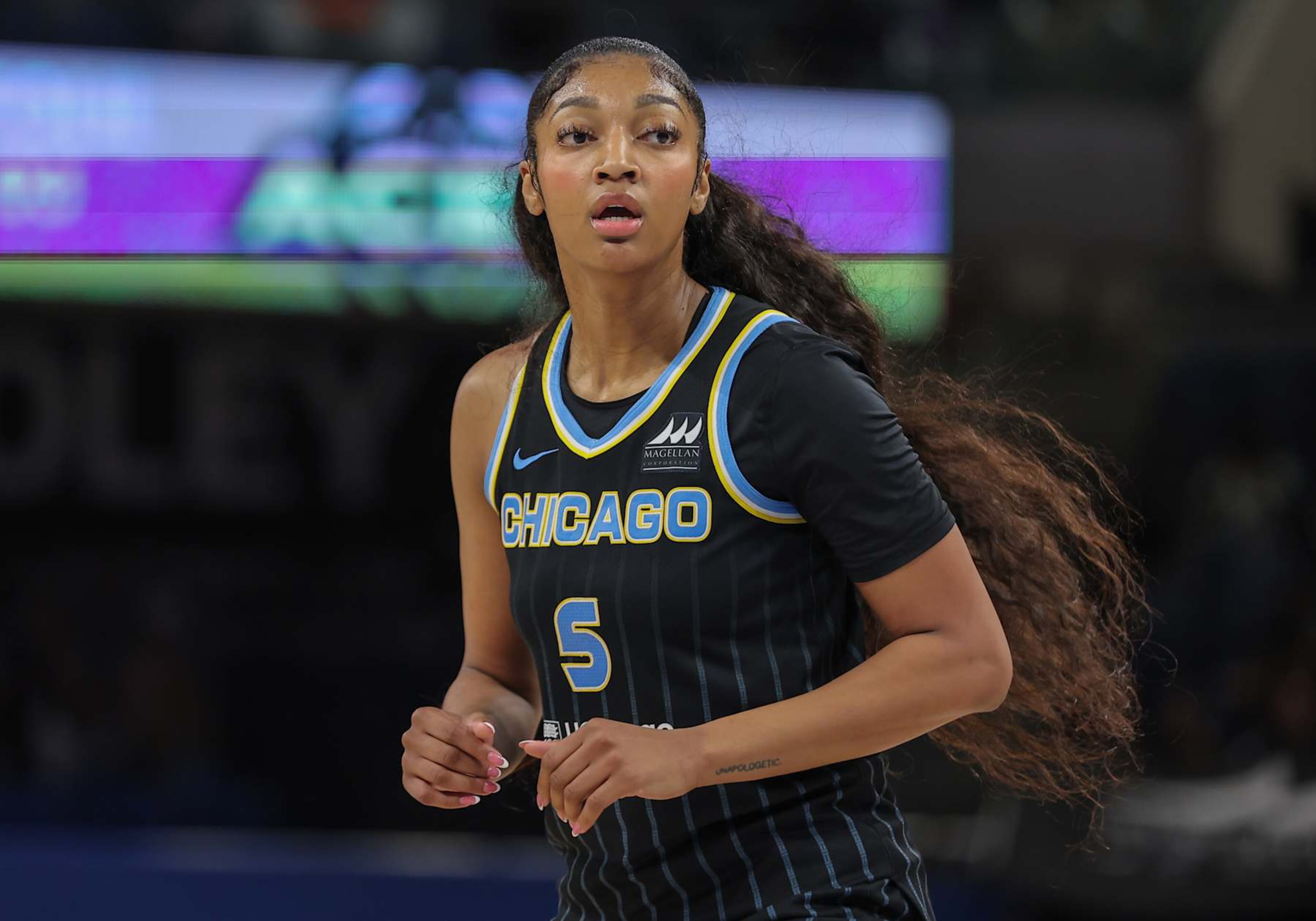 CHICAGO, IL - AUGUST 25: Angel Reese #5 of the Chicago Sky during the first half of a WNBA game against the Las Vegas Aces on August 25, 2024 at Wintrust Arena in Chicago, Illinois. (Photo by Melissa Tamez/Icon Sportswire via Getty Images) CHICAGO, IL - AUGUST 25: Angel Reese #5 of the Chicago Sky during the first half of a WNBA game against the Las Vegas Aces on August 25, 2024 at Wintrust Arena in Chicago, Illinois. (Photo by Melissa Tamez/Icon Sportswire via Getty Images)