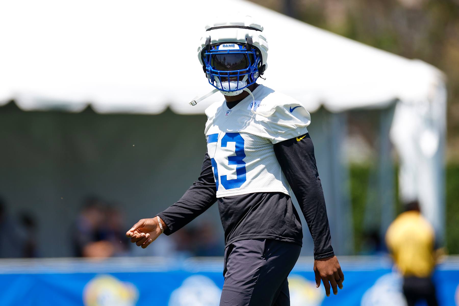 LOS ANGELES, CA - JULY 26: Los Angeles Rams linebacker Ernest Jones IV (53) walks on the field during the team's training camp at Loyola Marymount University on July 26, 2024 in Los Angeles, CA. (Photo by Brandon Sloter/Icon Sportswire via Getty Images)
