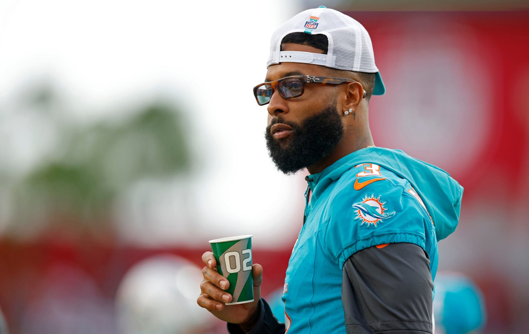 TAMPA, FLORIDA - AUGUST 23: Odell Beckham Jr. #3 of the Miami Dolphins looks on during a preseason game against the Tampa Bay Buccaneers at Raymond James Stadium on August 23, 2024 in Tampa, Florida. (Photo by Mike Ehrmann/Getty Images)