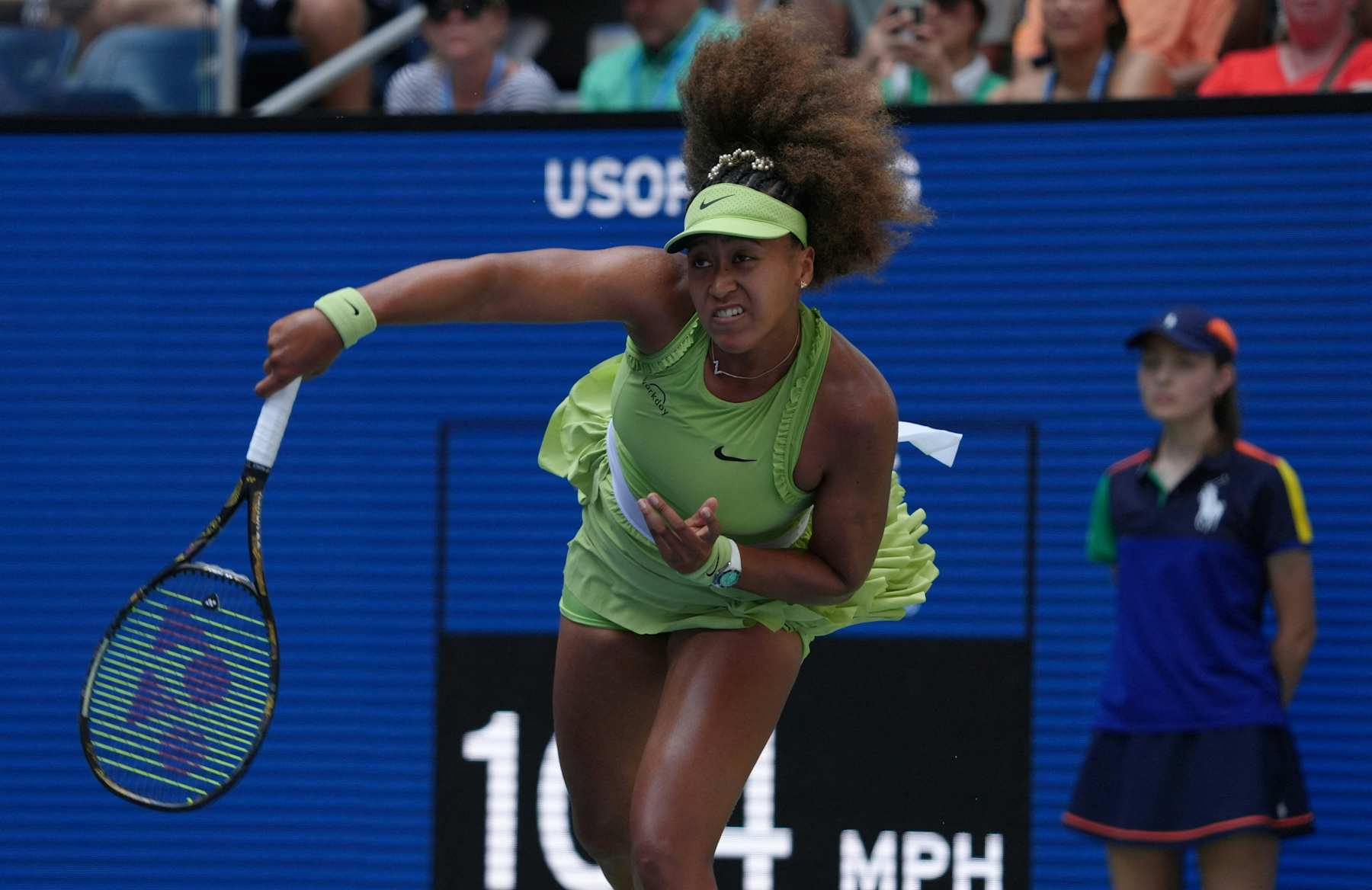 CORRECTION / Japan's Naomi Osaka serves against Latvia's Jelena Ostapenko during their women's singles first round match on day two of the US Open tennis tournament at the USTA Billie Jean King National Tennis Center in New York City, on August 27, 2024. (Photo by TIMOTHY A. CLARY / AFP) / "The erroneous mention[s] appearing in the metadata of this photo by TIMOTHY A. CLARY has been modified in AFP systems in the following manner: Jelena Ostapenko] instead of [Jelena Jankovic]. Please immediately remove the erroneous mention[s] from all your online services and delete it (them) from your servers. If you have been authorized by AFP to distribute it (them) to third parties, please ensure that the same actions are carried out by them. Failure to promptly comply with these instructions will entail liability on your part for any continued or post notification usage. Therefore we thank you very much for all your attention and prompt action. We are sorry for the inconvenience this notification may cause and remain at your disposal for any further information you may require." (Photo by TIMOTHY A. CLARY/AFP via Getty Images)