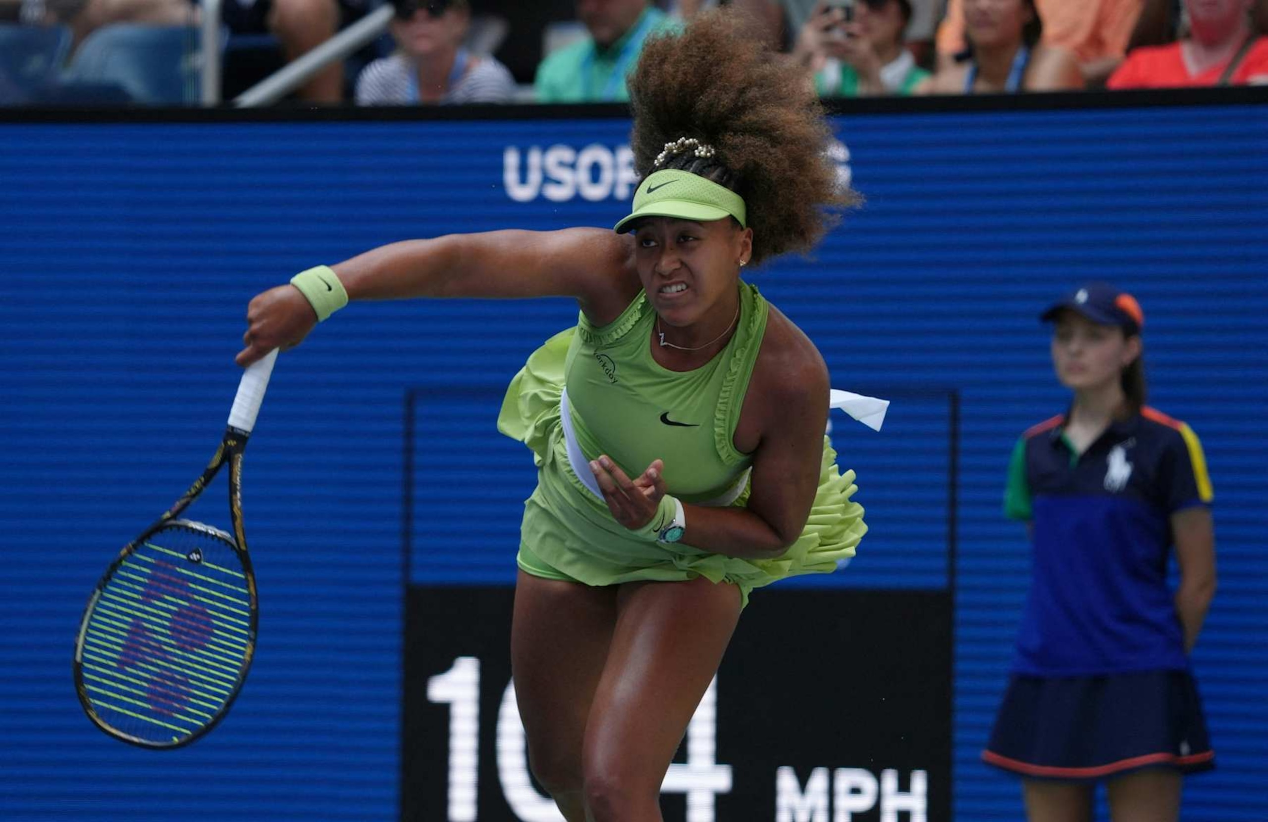 CORRECTION / Japan's Naomi Osaka serves against Latvia's Jelena Ostapenko during their women's singles first round match on day two of the US Open tennis tournament at the USTA Billie Jean King National Tennis Center in New York City, on August 27, 2024. (Photo by TIMOTHY A. CLARY / AFP) / "The erroneous mention[s] appearing in the metadata of this photo by TIMOTHY A. CLARY has been modified in AFP systems in the following manner: Jelena Ostapenko] instead of [Jelena Jankovic]. Please immediately remove the erroneous mention[s] from all your online services and delete it (them) from your servers. If you have been authorized by AFP to distribute it (them) to third parties, please ensure that the same actions are carried out by them. Failure to promptly comply with these instructions will entail liability on your part for any continued or post notification usage. Therefore we thank you very much for all your attention and prompt action. We are sorry for the inconvenience this notification may cause and remain at your disposal for any further information you may require." (Photo by TIMOTHY A. CLARY/AFP via Getty Images)