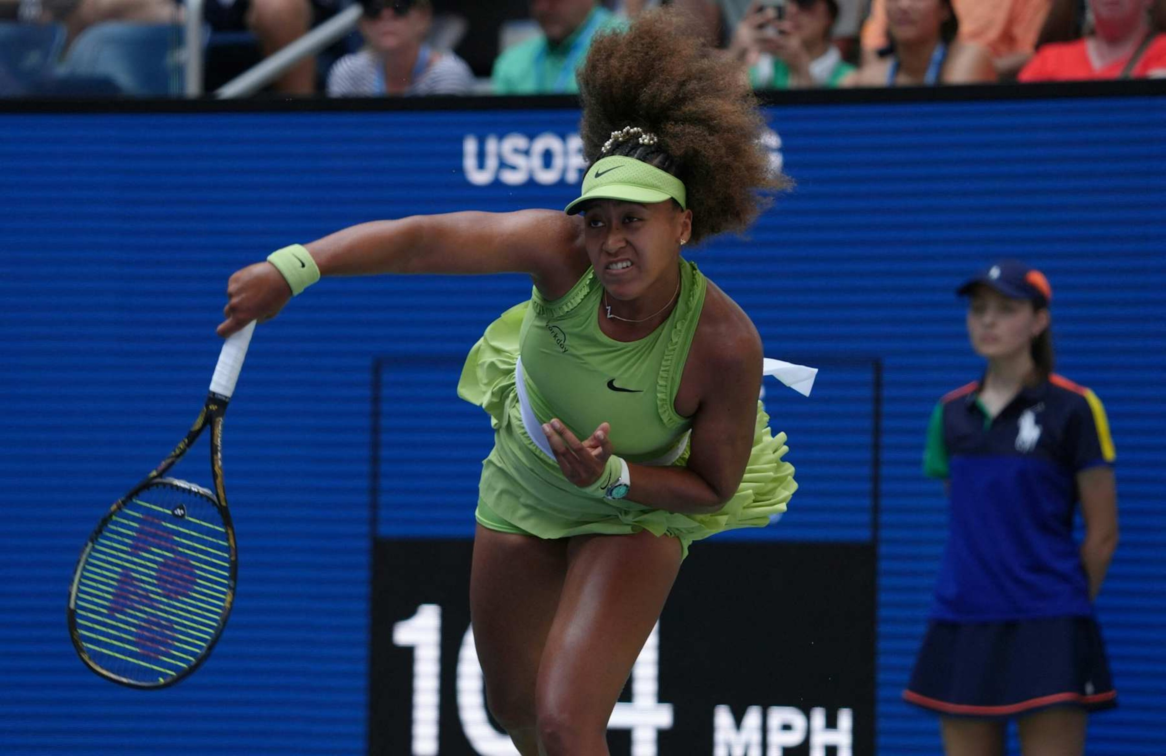 CORRECTION / Japan's Naomi Osaka serves against Latvia's Jelena Ostapenko during their women's singles first round match on day two of the US Open tennis tournament at the USTA Billie Jean King National Tennis Center in New York City, on August 27, 2024. (Photo by TIMOTHY A. CLARY / AFP) / "The erroneous mention[s] appearing in the metadata of this photo by TIMOTHY A. CLARY has been modified in AFP systems in the following manner: Jelena Ostapenko] instead of [Jelena Jankovic]. Please immediately remove the erroneous mention[s] from all your online services and delete it (them) from your servers. If you have been authorized by AFP to distribute it (them) to third parties, please ensure that the same actions are carried out by them. Failure to promptly comply with these instructions will entail liability on your part for any continued or post notification usage. Therefore we thank you very much for all your attention and prompt action. We are sorry for the inconvenience this notification may cause and remain at your disposal for any further information you may require." (Photo by TIMOTHY A. CLARY/AFP via Getty Images)
