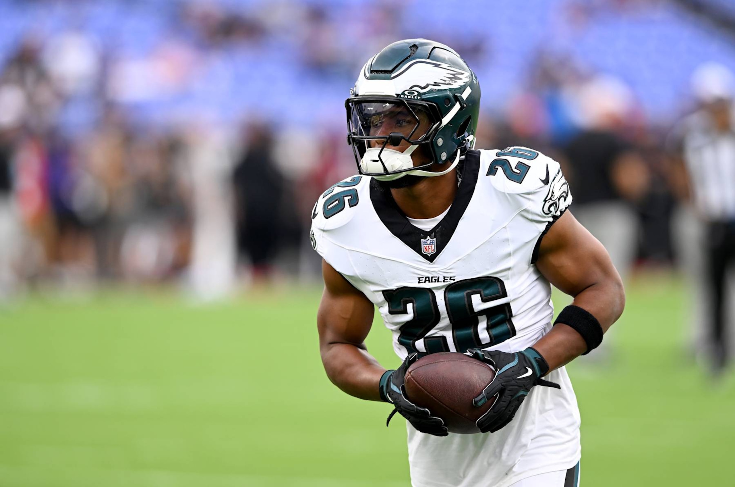 BALTIMORE, MARYLAND - AUGUST 09: Saquon Barkley #26 of the Philadelphia Eagles warms up before the preseason game against the Baltimore Ravens at M&T Bank Stadium on August 09, 2024 in Baltimore, Maryland. (Photo by Greg Fiume/Getty Images)
