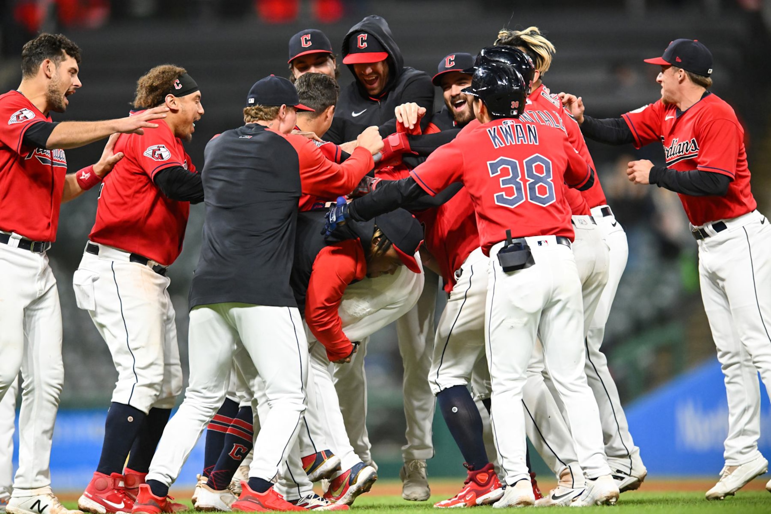 CLEVELAND, OH - SEPTEMBER 28: The Cleveland Guardians celebrate a walk-off RBI single by Amed Rosario #1 to defeat the Tampa Bay Rays 2-1 in ten innings at Progressive Field on September 28, 2022 in Cleveland, Ohio. (Photo by Nick Cammett/Diamond Images via Getty Images) CLEVELAND, OH - SEPTEMBER 28: The Cleveland Guardians celebrate a walk-off RBI single by Amed Rosario #1 to defeat the Tampa Bay Rays 2-1 in ten innings at Progressive Field on September 28, 2022 in Cleveland, Ohio. (Photo by Nick Cammett/Diamond Images via Getty Images)