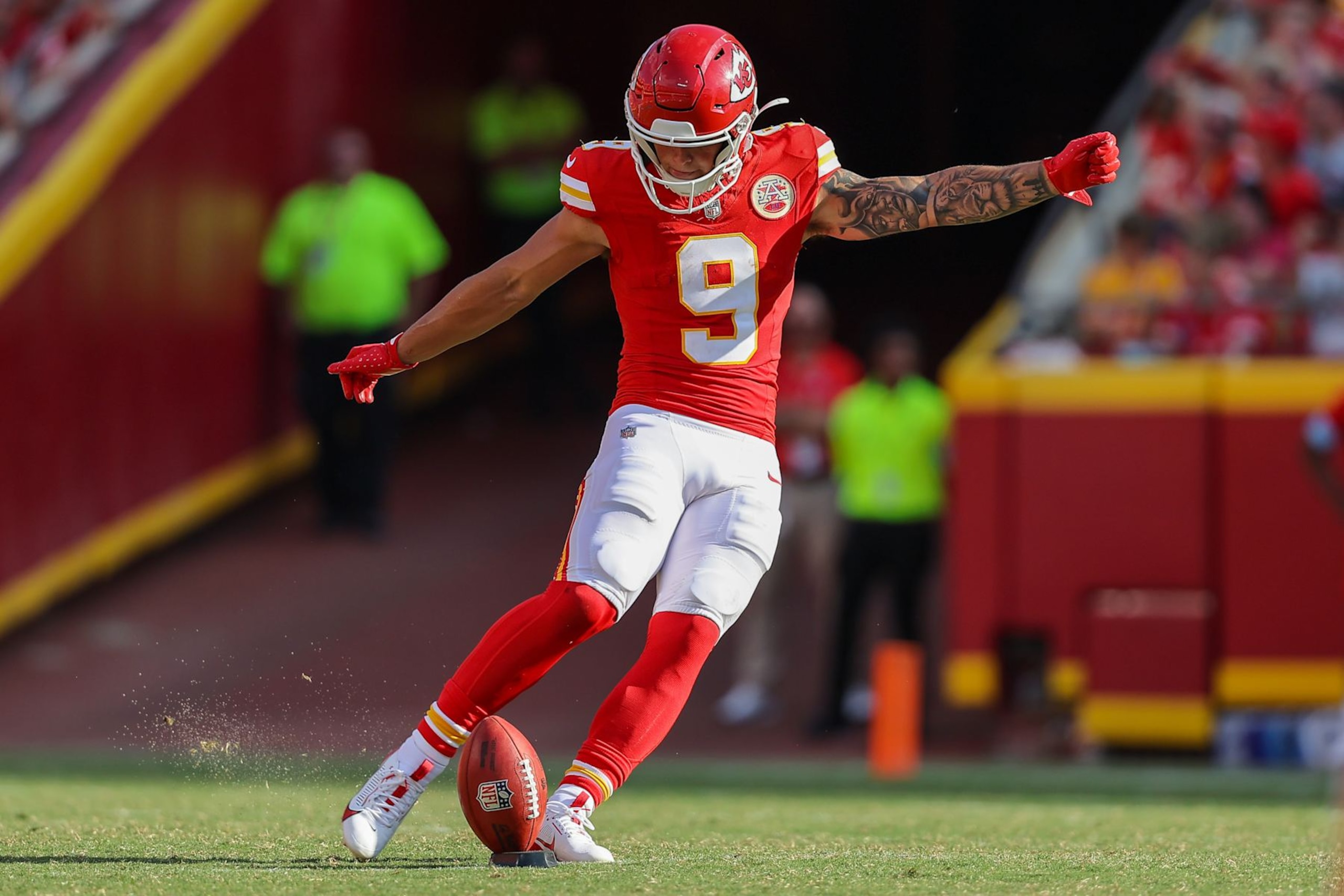 KANSAS CITY, MISSOURI - AUGUST 17: Louis Rees-Zammit #9 of the Kansas City Chiefs kicks during the fourth quarter in preseason game action against the Detroit Lions at GEHA Field at Arrowhead Stadium on August 17, 2024 in Kansas City, Missouri. (Photo by David Eulitt/Getty Images)