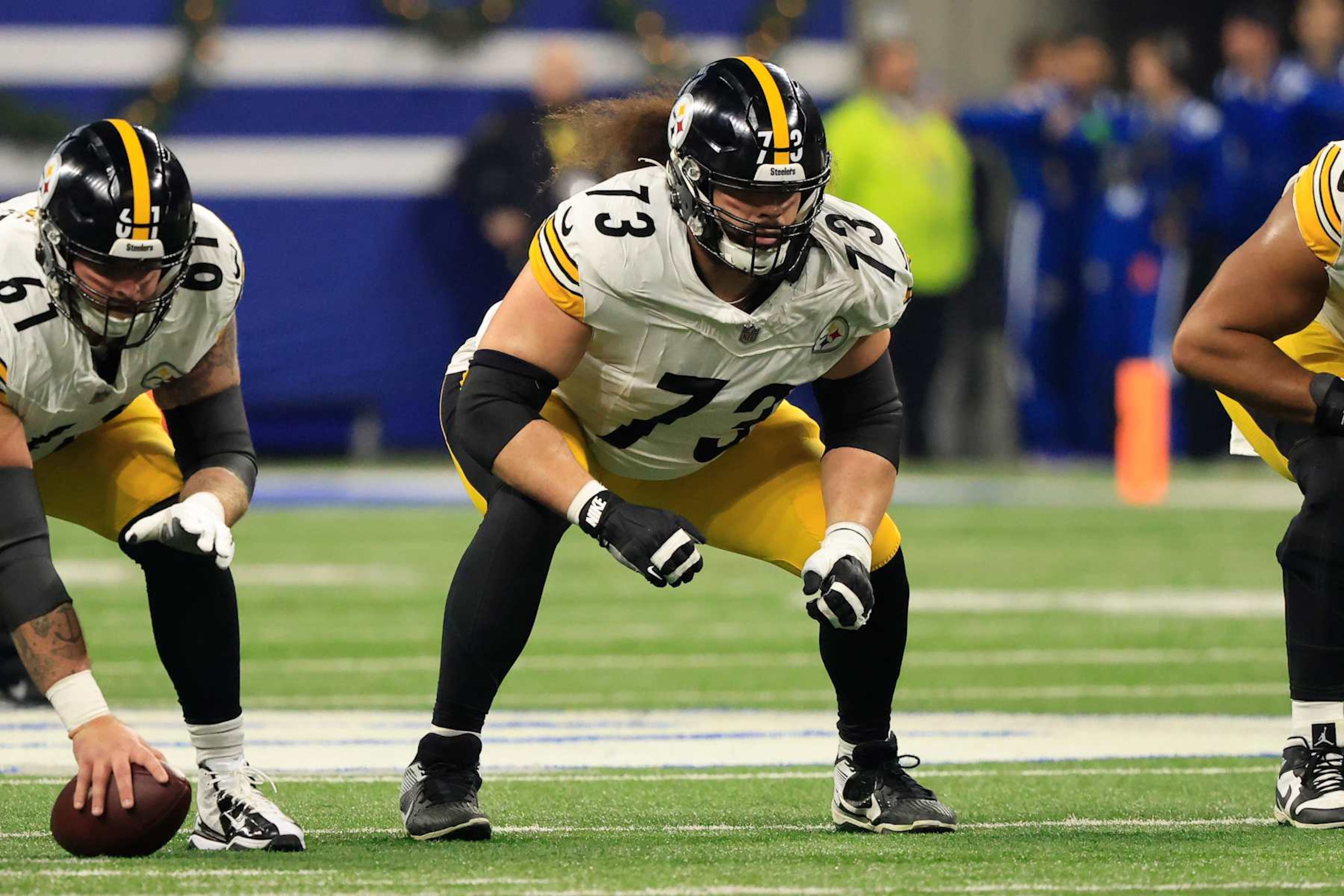 INDIANAPOLIS, INDIANA - DECEMBER 16: Isaac Seumalo #73 of the Pittsburgh Steelers in action in the game against the Indianapolis Colts at Lucas Oil Stadium on December 16, 2023 in Indianapolis, Indiana. (Photo by Justin Casterline/Getty Images)