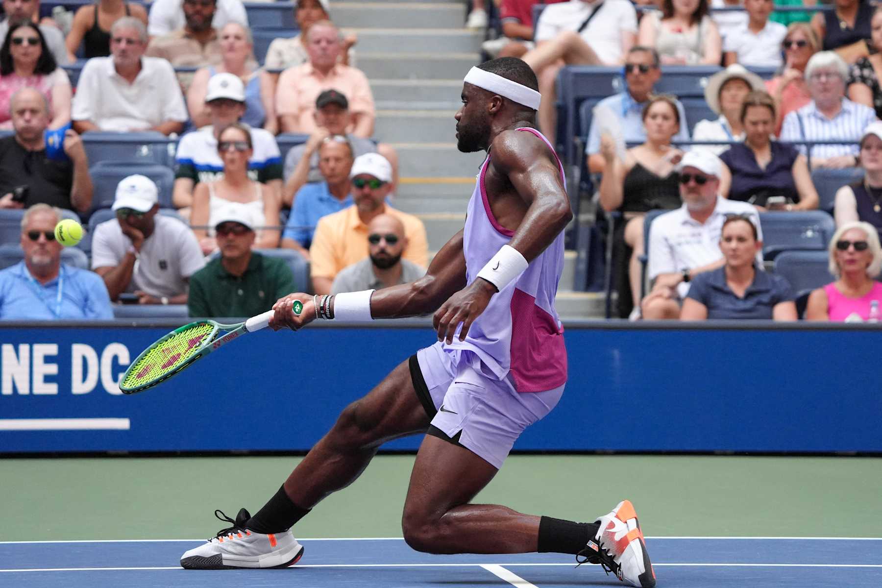 USA's Frances Tiafoe hits a return to Russia's Alexander Shevchenko during their men's singles second round tennis match on day three of the US Open tennis tournament at the USTA Billie Jean King National Tennis Center in New York City, on August 28, 2024. (Photo by TIMOTHY A. CLARY / AFP) (Photo by TIMOTHY A. CLARY/AFP via Getty Images)