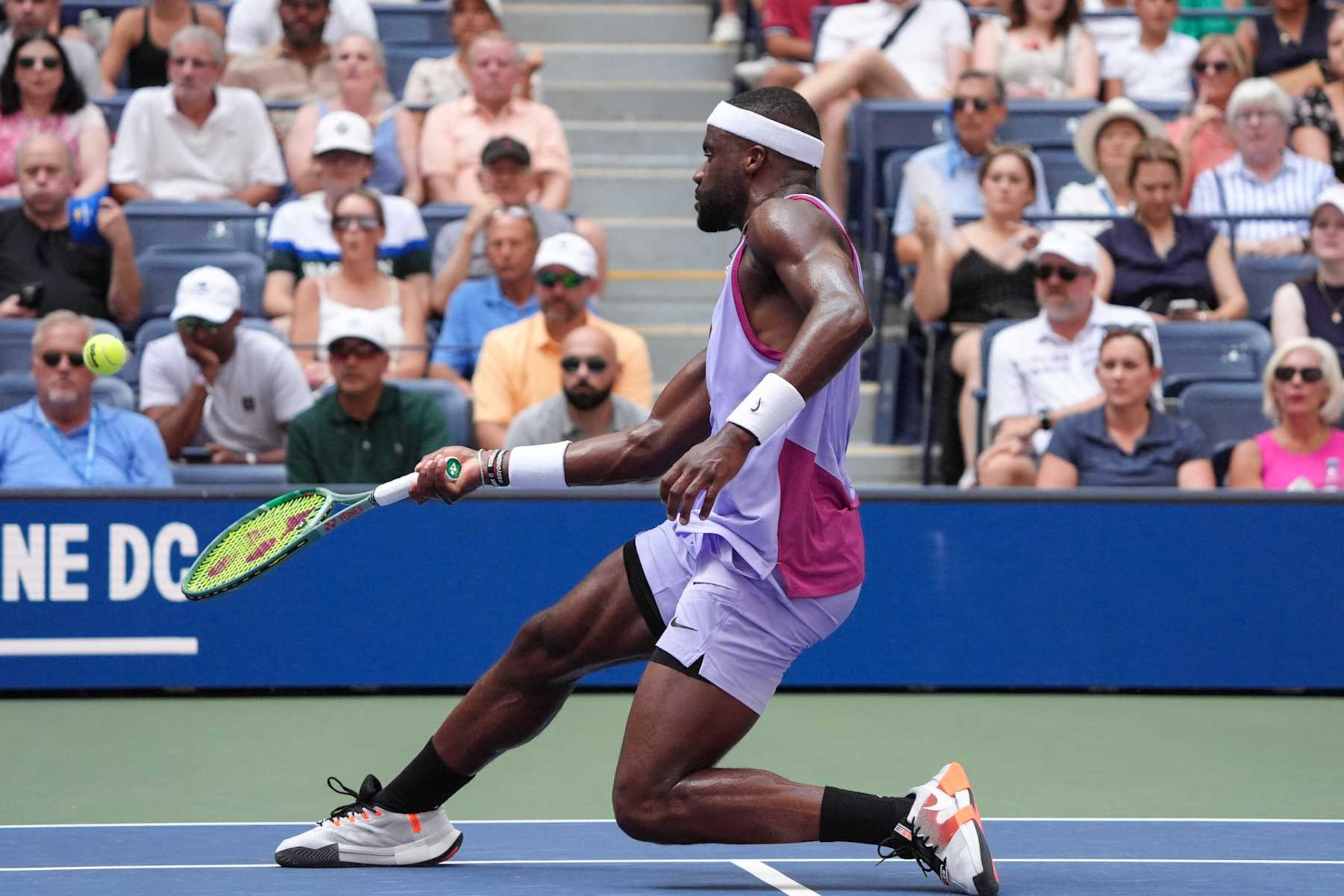 USA's Frances Tiafoe hits a return to Russia's Alexander Shevchenko during their men's singles second round tennis match on day three of the US Open tennis tournament at the USTA Billie Jean King National Tennis Center in New York City, on August 28, 2024. (Photo by TIMOTHY A. CLARY / AFP) (Photo by TIMOTHY A. CLARY/AFP via Getty Images)