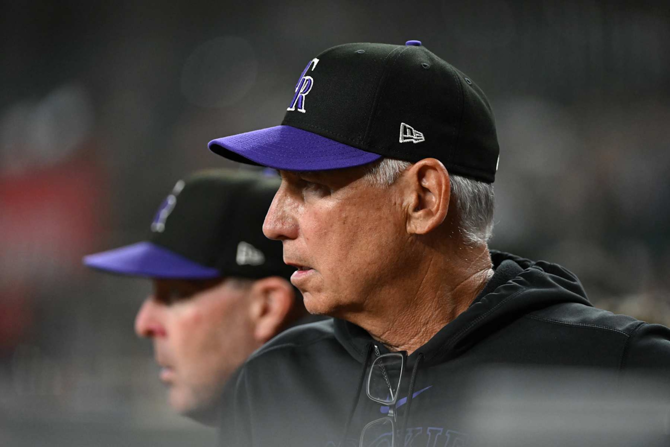PHOENIX, ARIZONA - AUGUST 14: Manager Bud Black #10 of the Colorado Rockies looks on from the dugout during the fourth inning against the Arizona Diamondbacks at Chase Field on August 14, 2024 in Phoenix, Arizona. (Photo by Norm Hall/Getty Images)