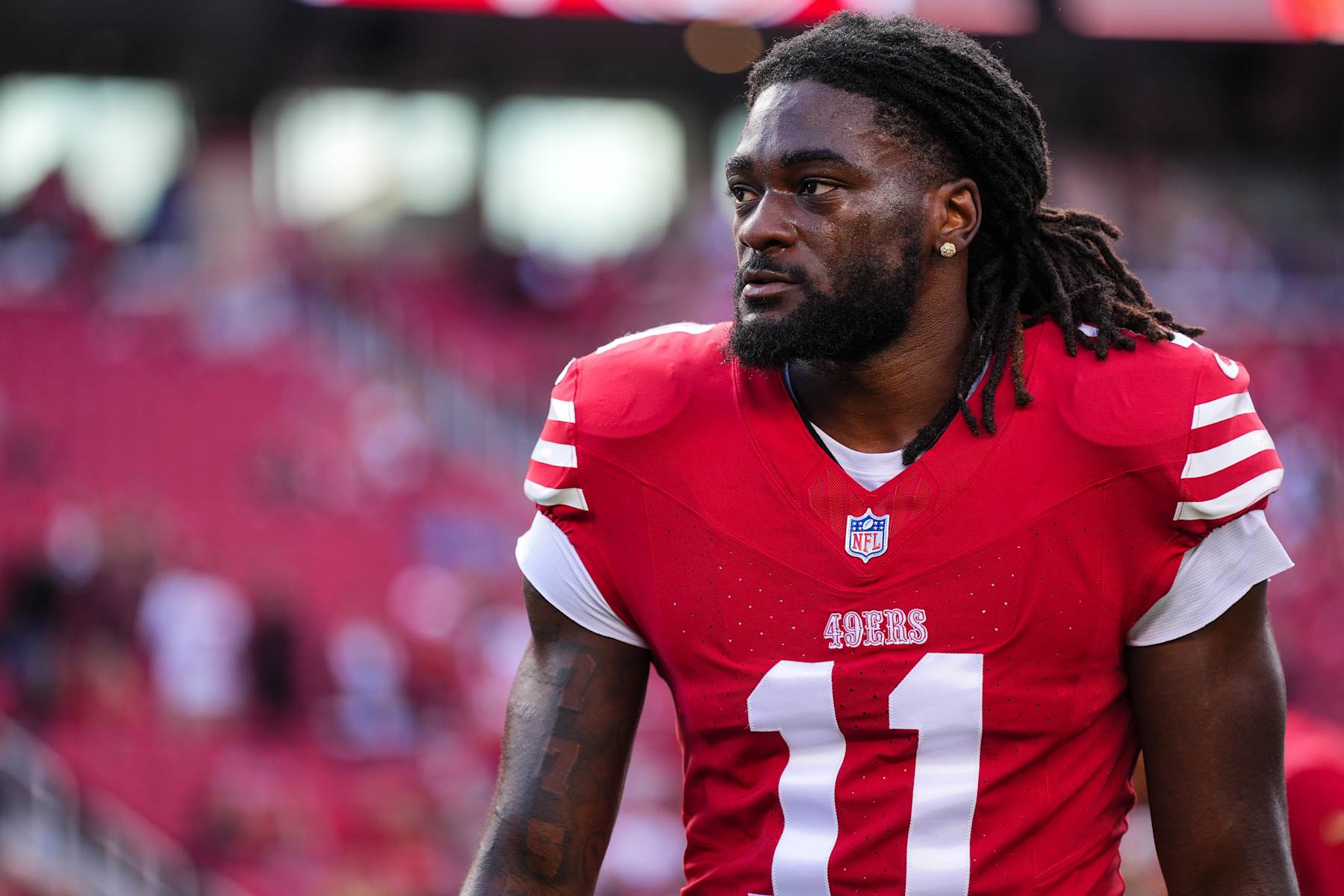 SANTA CLARA, CA - JANUARY 28: Brandon Aiyuk #11 of the San Francisco 49ers looks on from the field prior to the NFC Championship NFL football game against the Detroit Lions at Levi's Stadium on January 28, 2024 in Santa Clara, California. (Photo by Cooper Neill/Getty Images)