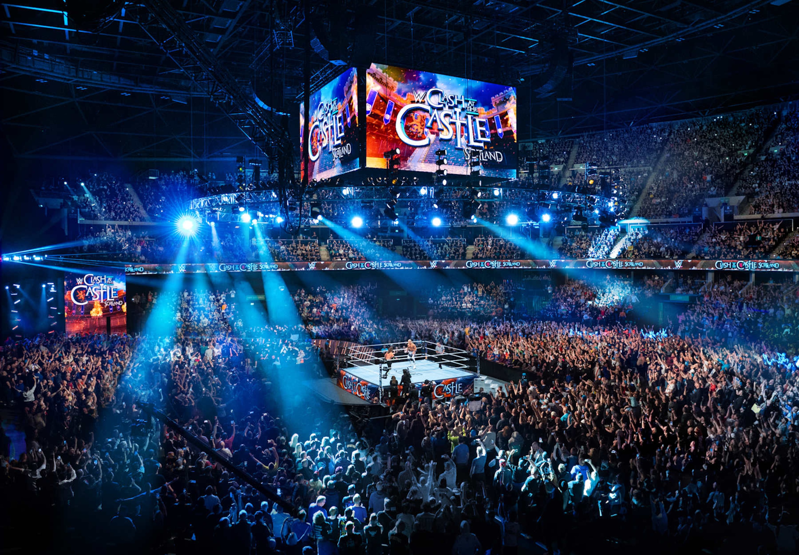 GLASGOW, SCOTLAND - JUNE 15: (EDITOR'S NOTE: Image is a digital composite.) A general overall view of Cody Rhodes in the ring against AJ Styles during their 'I Quit' match at WWE's Clash at the Castle, Premium Live Event at The OVO Hydro on June 15, 2024 in Glasgow, Scotland.  (Photo by WWE/Getty Images)