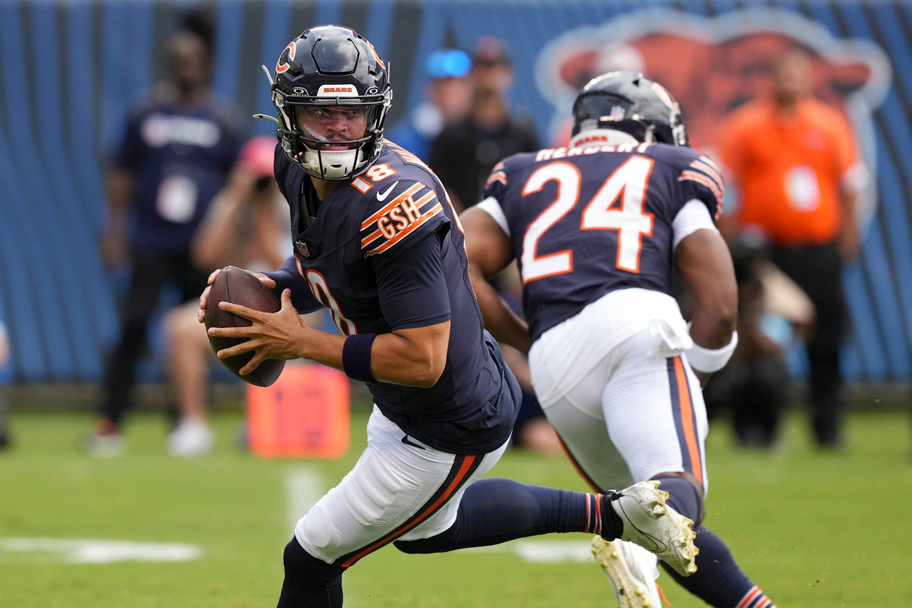 CHICAGO, IN - AUGUST 17: Caleb Williams #18 of the Chicago Bears drops back to pass during the first quarter of an NFL preseason football game against the Cincinnati Bengals, at Soldier Field on August 17, 2024 in Chicago, Illinois. (Photo by Todd Rosenberg/Getty Images)