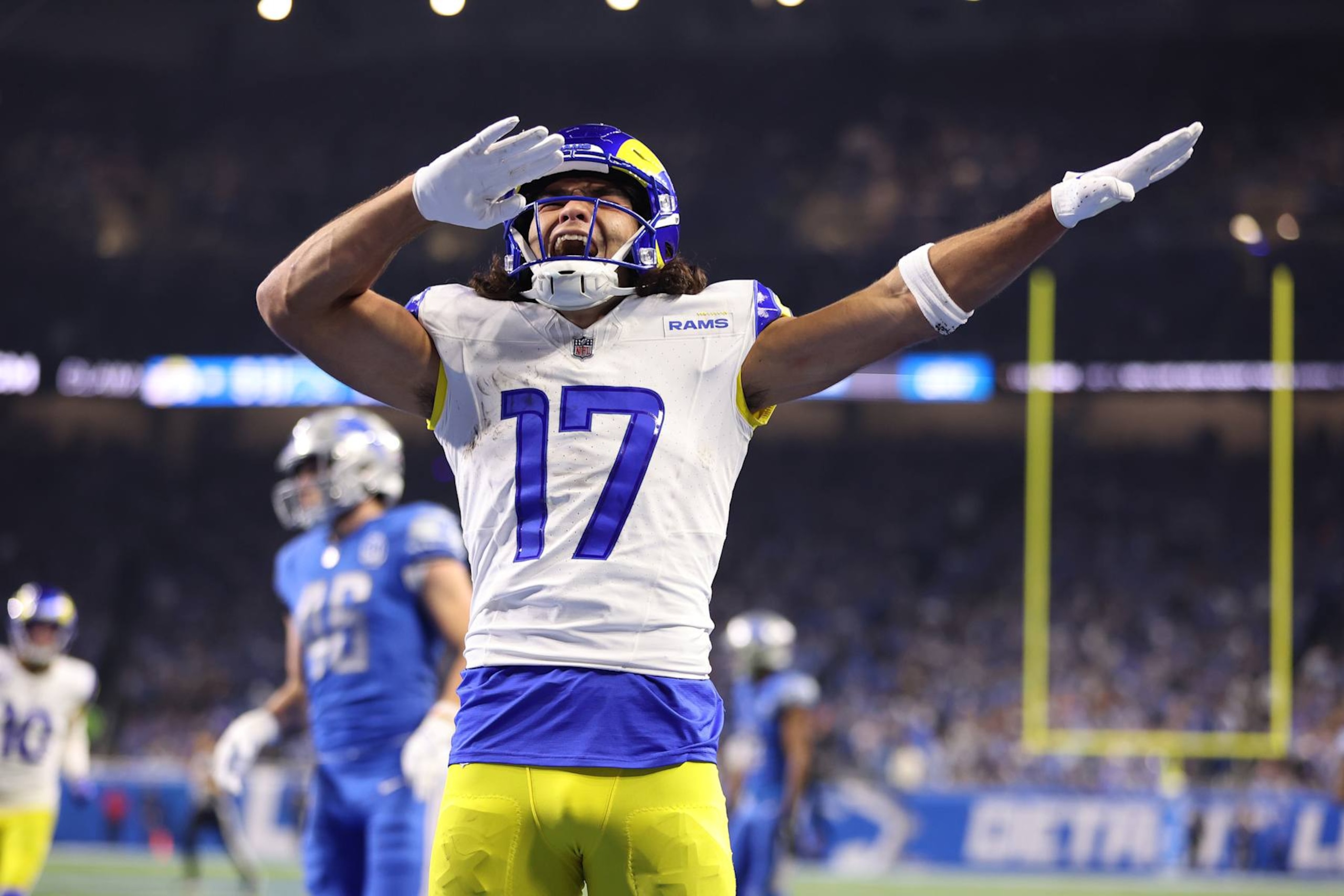 DETROIT, MICHIGAN - JANUARY 14: Puka Nacua #17 of the Los Angeles Rams reacts to a touchdown while playing the Detroit Lions during a NFC Wild Card Playoff game at Ford Field on January 14, 2024 in Detroit, Michigan. (Photo by Gregory Shamus/Getty Images)