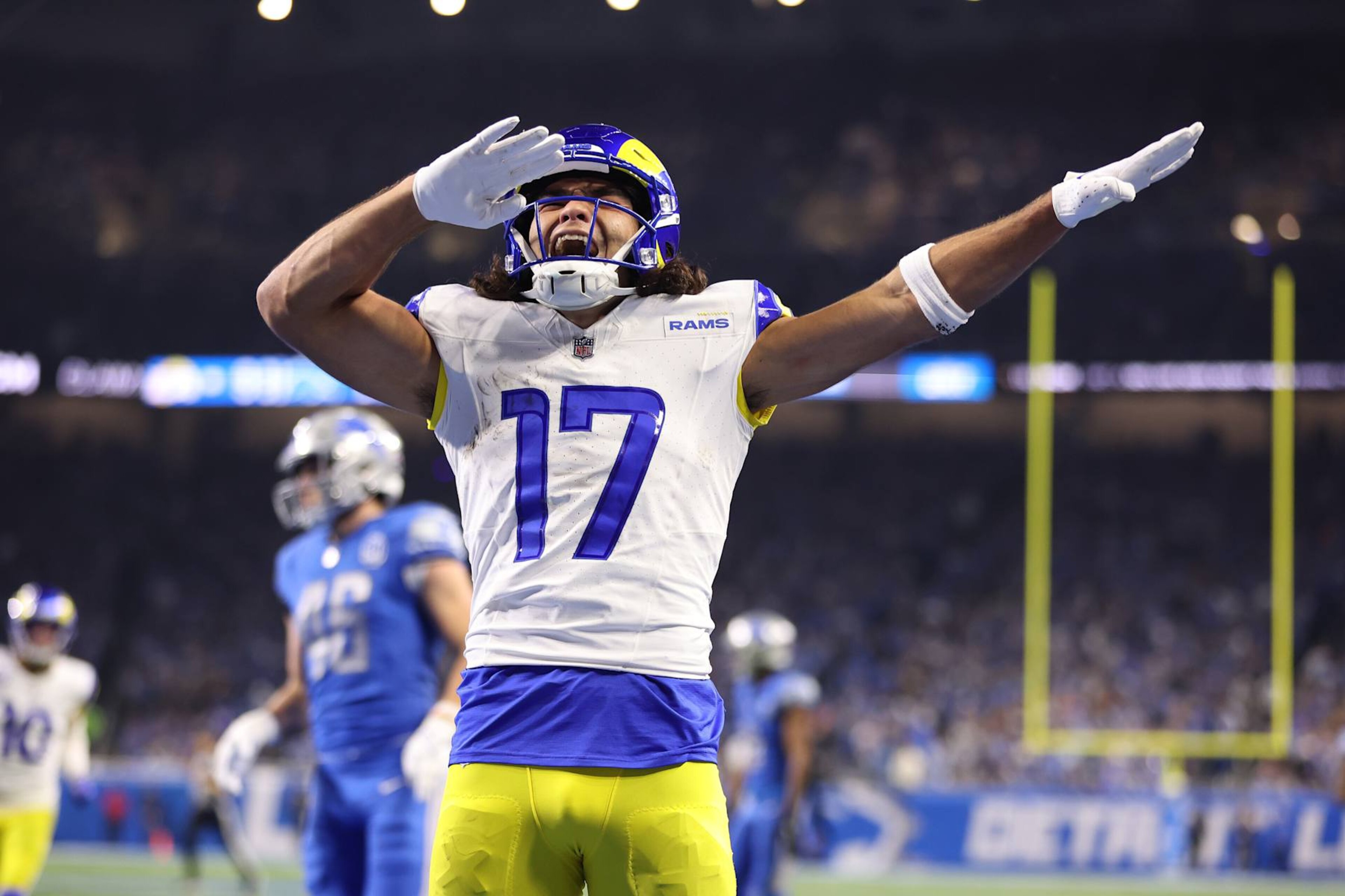 DETROIT, MICHIGAN - JANUARY 14: Puka Nacua #17 of the Los Angeles Rams reacts to a touchdown while playing the Detroit Lions during a NFC Wild Card Playoff game at Ford Field on January 14, 2024 in Detroit, Michigan. (Photo by Gregory Shamus/Getty Images)
