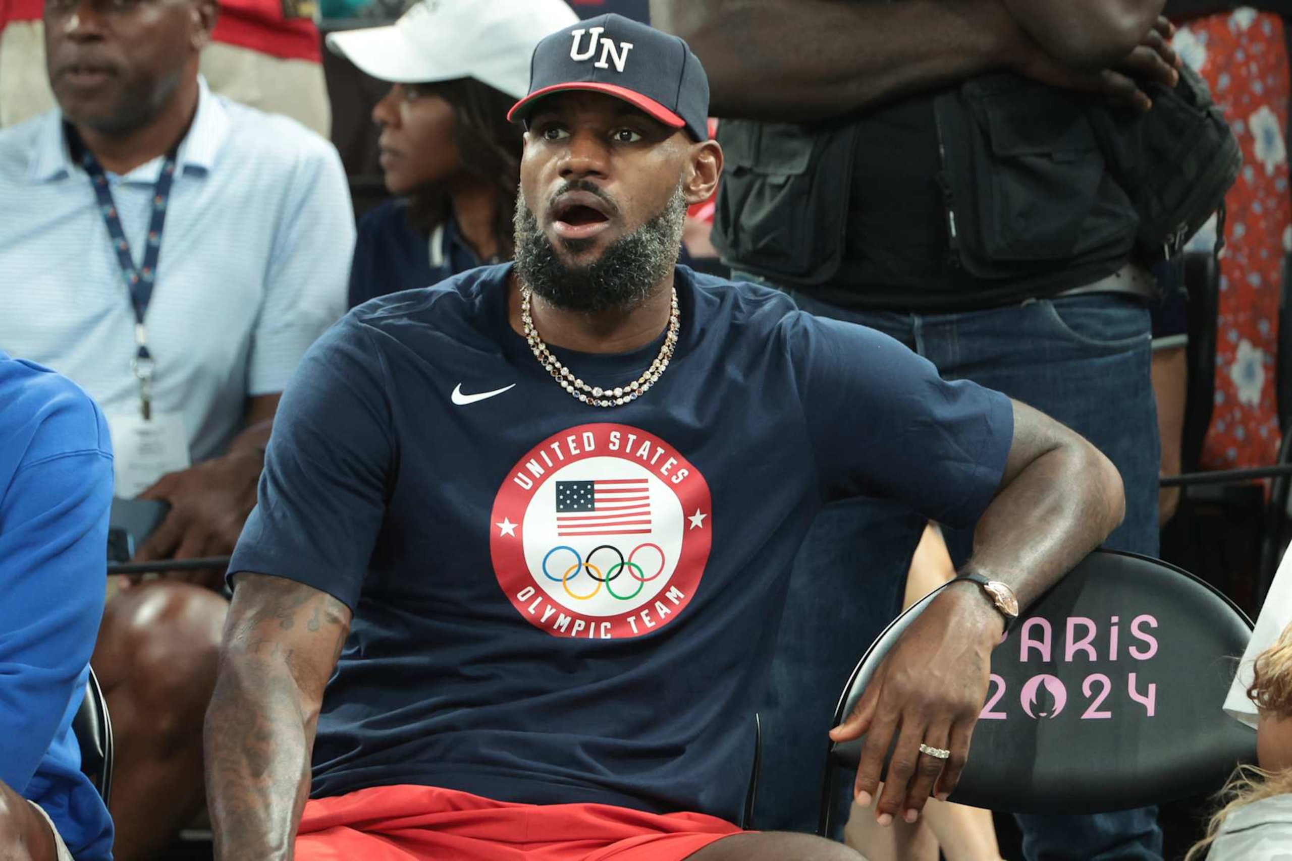 PARIS, FRANCE - AUGUST 11: LeBron James of USA attends the Basketball Women's Gold Medal match between Team France and Team USA on day sixteen of the Olympic Games Paris 2024 at Bercy Arena on August 11, 2024 in Paris, France. (Photo by Jean Catuffe/Getty Images) PARIS, FRANCE - AUGUST 11: LeBron James of USA attends the Basketball Women's Gold Medal match between Team France and Team USA on day sixteen of the Olympic Games Paris 2024 at Bercy Arena on August 11, 2024 in Paris, France. (Photo by Jean Catuffe/Getty Images)