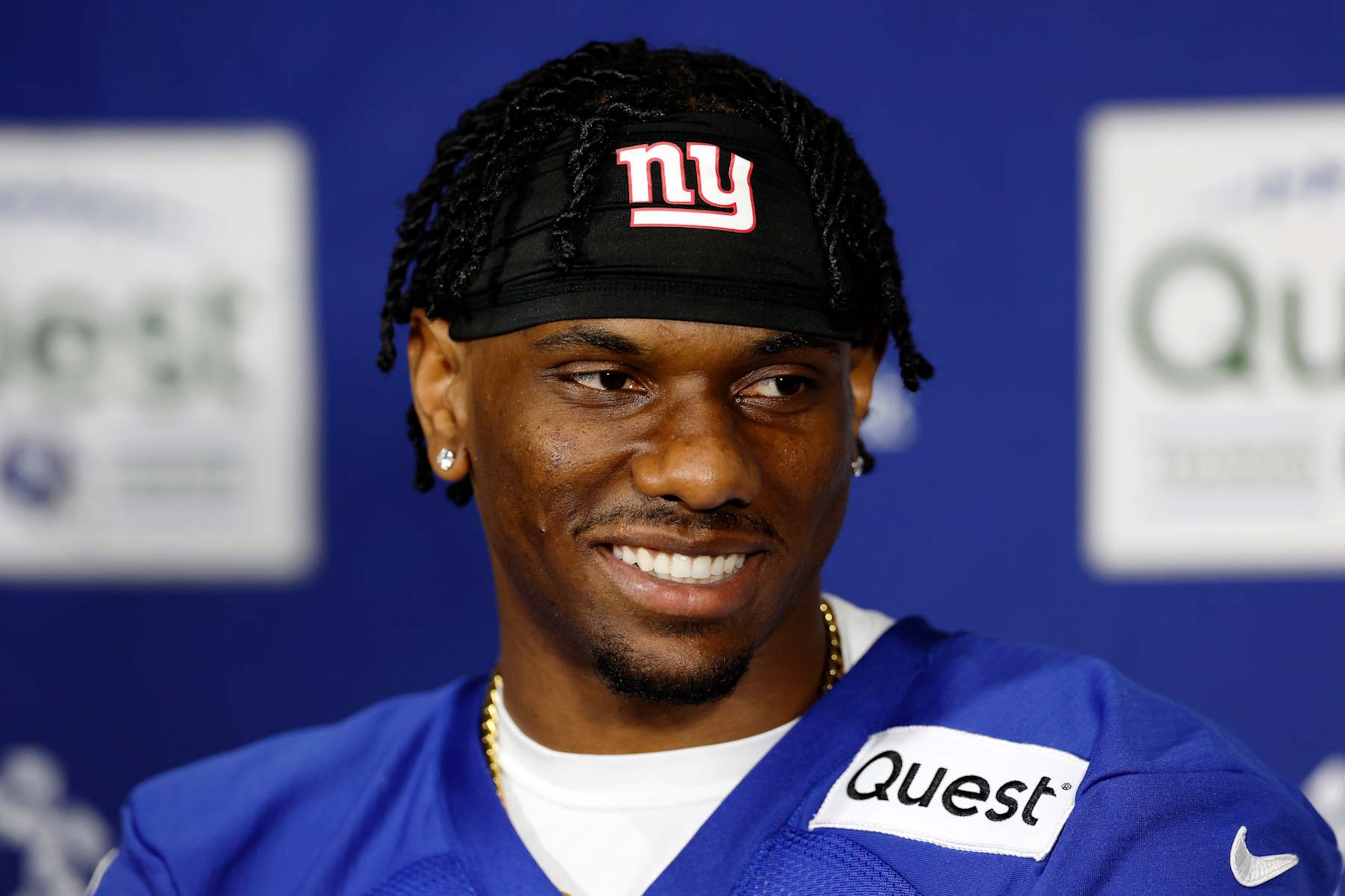 EAST RUTHERFORD, NEW JERSEY - MAY 10: Wide receiver Malik Nabers speaks to the media during New York Giants Rookie Minicamp at Quest Diagnostics Training Center on May 10, 2024 in East Rutherford, New Jersey. (Photo by Sarah Stier/Getty Images) EAST RUTHERFORD, NEW JERSEY - MAY 10: Wide receiver Malik Nabers speaks to the media during New York Giants Rookie Minicamp at Quest Diagnostics Training Center on May 10, 2024 in East Rutherford, New Jersey. (Photo by Sarah Stier/Getty Images)