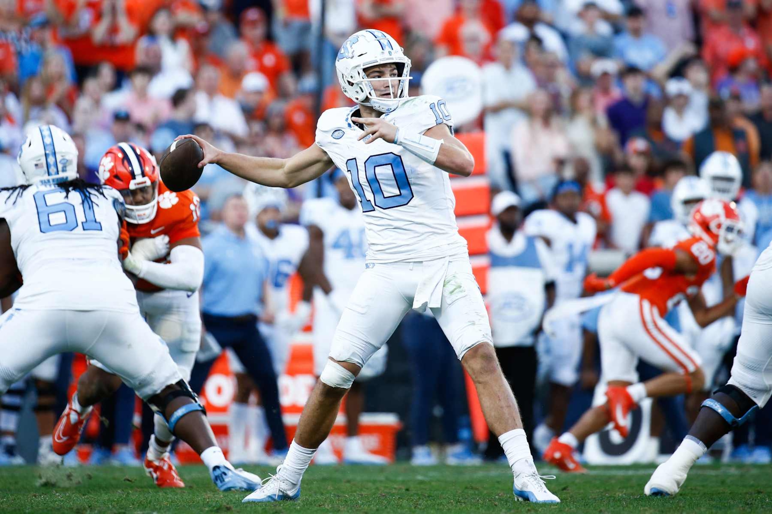 CLEMSON, SOUTH CAROLINA - NOVEMBER 18: Drake Maye #10 of the North Carolina Tar Heels passes the ball during the second quarter against the Clemson Tigers at Memorial Stadium on November 18, 2023 in Clemson, South Carolina. (Photo by Isaiah Vazquez/Getty Images) CLEMSON, SOUTH CAROLINA - NOVEMBER 18: Drake Maye #10 of the North Carolina Tar Heels passes the ball during the second quarter against the Clemson Tigers at Memorial Stadium on November 18, 2023 in Clemson, South Carolina. (Photo by Isaiah Vazquez/Getty Images)