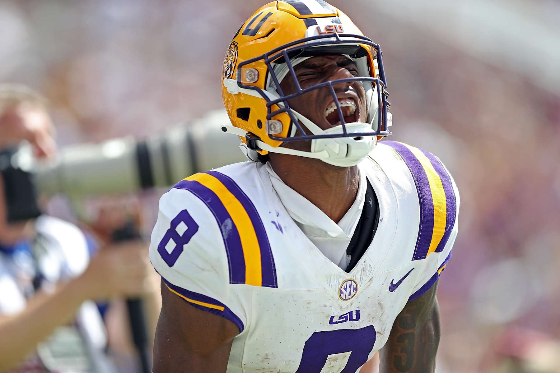 STARKVILLE, MISSISSIPPI - SEPTEMBER 16: Malik Nabers #8 of the LSU Tigers celebrates after a catch during the second half against the Mississippi State Bulldogs at Davis Wade Stadium on September 16, 2023 in Starkville, Mississippi. (Photo by Justin Ford/Getty Images)