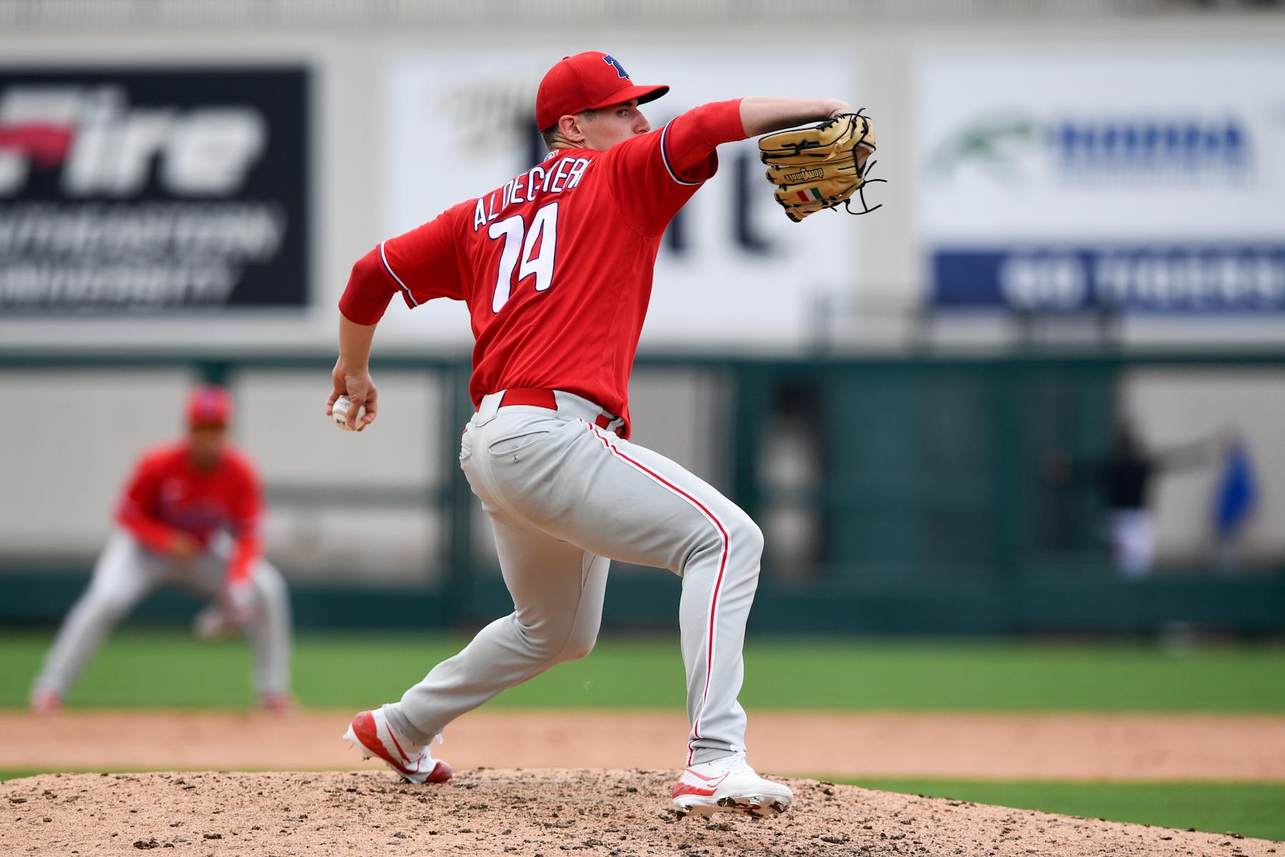 LAKELAND, FLORIDA - MARCH 16, 2024: Sam Aldegheri #74 of the Philadelphia Phillies throws a pitch during the sixth inning of a spring training Spring Breakout game against the Detroit Tigers at Publix Field at Joker Marchant Stadium on March 16, 2024 in Lakeland, Florida. (Photo by George Kubas/Diamond Images via Getty Images)