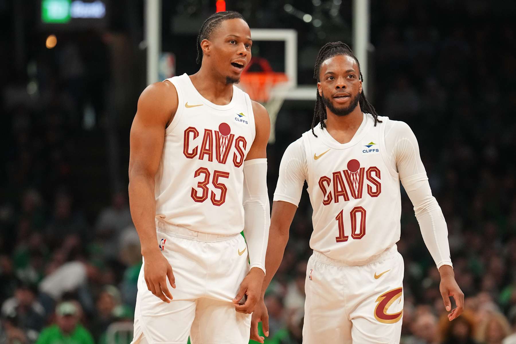 BOSTON, MA - MAY 15: Darius Garland #10 and Isaac Okoro #35 of the Cleveland Cavaliers look on during the game against the Boston Celtics during Round 2 Game 5 of the 2024 NBA Playoffs on May 15, 2024 at the TD Garden in Boston, Massachusetts. NOTE TO USER: User expressly acknowledges and agrees that, by downloading and or using this photograph, User is consenting to the terms and conditions of the Getty Images License Agreement. Mandatory Copyright Notice: Copyright 2024 NBAE  (Photo by Jesse D. Garrabrant/NBAE via Getty Images)