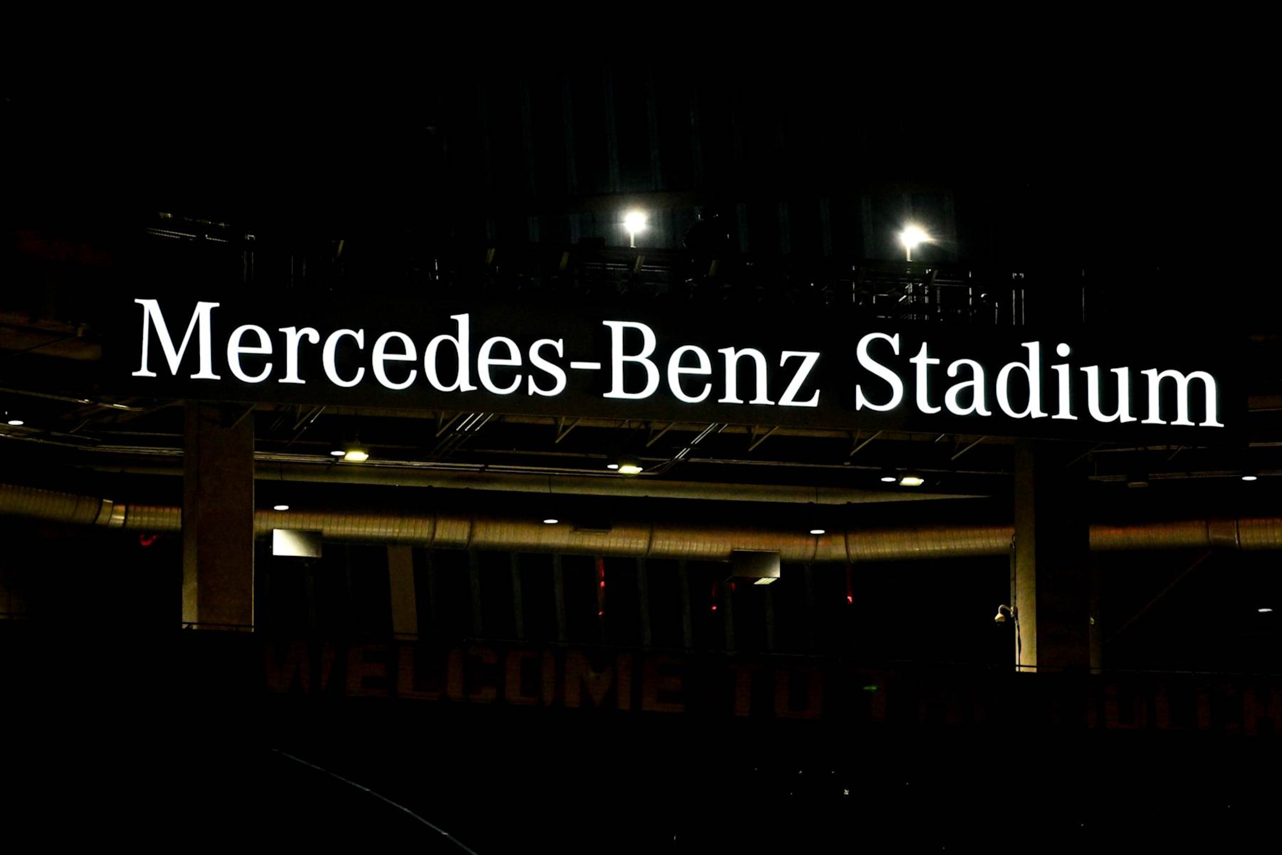 ATLANTA, GA  NOVEMBER 07:  The Mercedes Benz Stadium logo during the MLS Cup playoff match between Columbus Crew and Atlanta United FC on November 6th, 2023 at Mercedes-Benz Stadium in Atlanta, GA.  (Photo by Rich von Biberstein/Icon Sportswire via Getty Images)