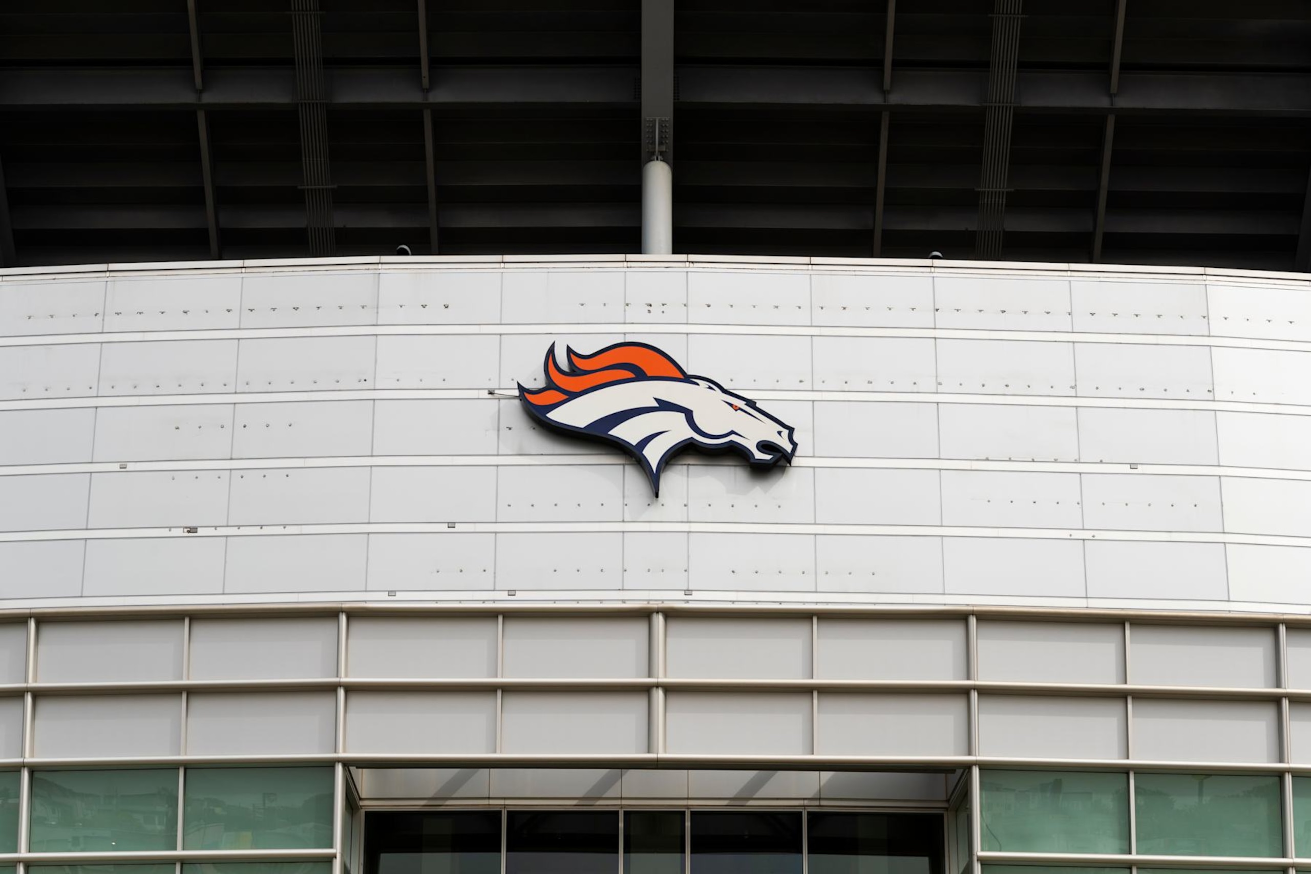 DENVER, CO - OCTOBER 01: General view of the Denver Broncos logo on the side of Broncos Stadium at Mile High before the NFL regular season football game against the Kansas City Chiefs and the Denver Broncos on October 01, 2018, at Broncos Stadium at Mile High in Denver, CO.  (Photo by Ric Tapia/Icon Sportswire via Getty Images)