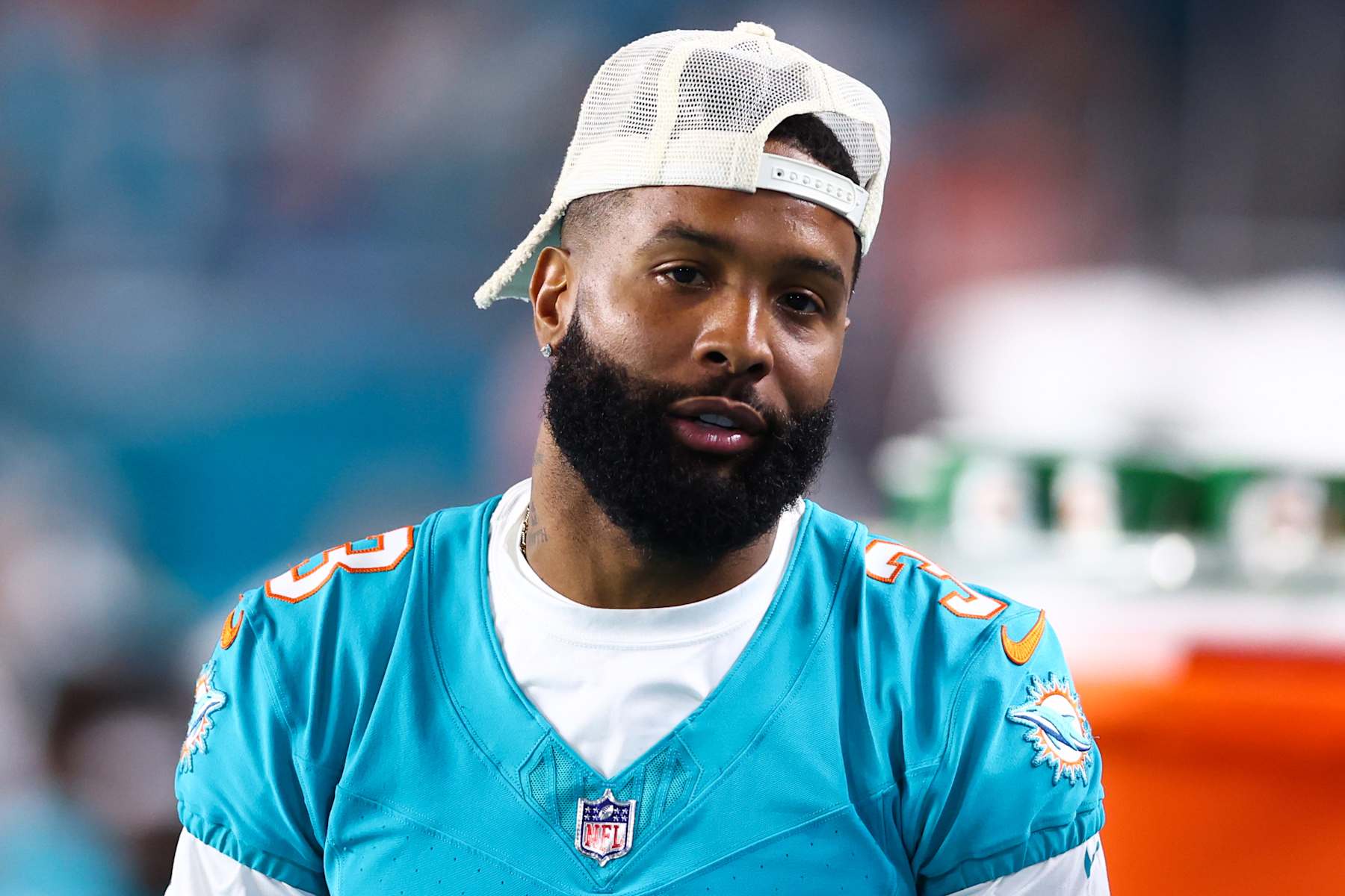 MIAMI GARDENS, FLORIDA - AUGUST 17: Odell Beckham Jr. #3 of the Miami Dolphins looks on against the Washington Commanders during the second half of a preseason game at Hard Rock Stadium on August 17, 2024 in Miami Gardens, Florida. (Photo by Megan Briggs/Getty Images)