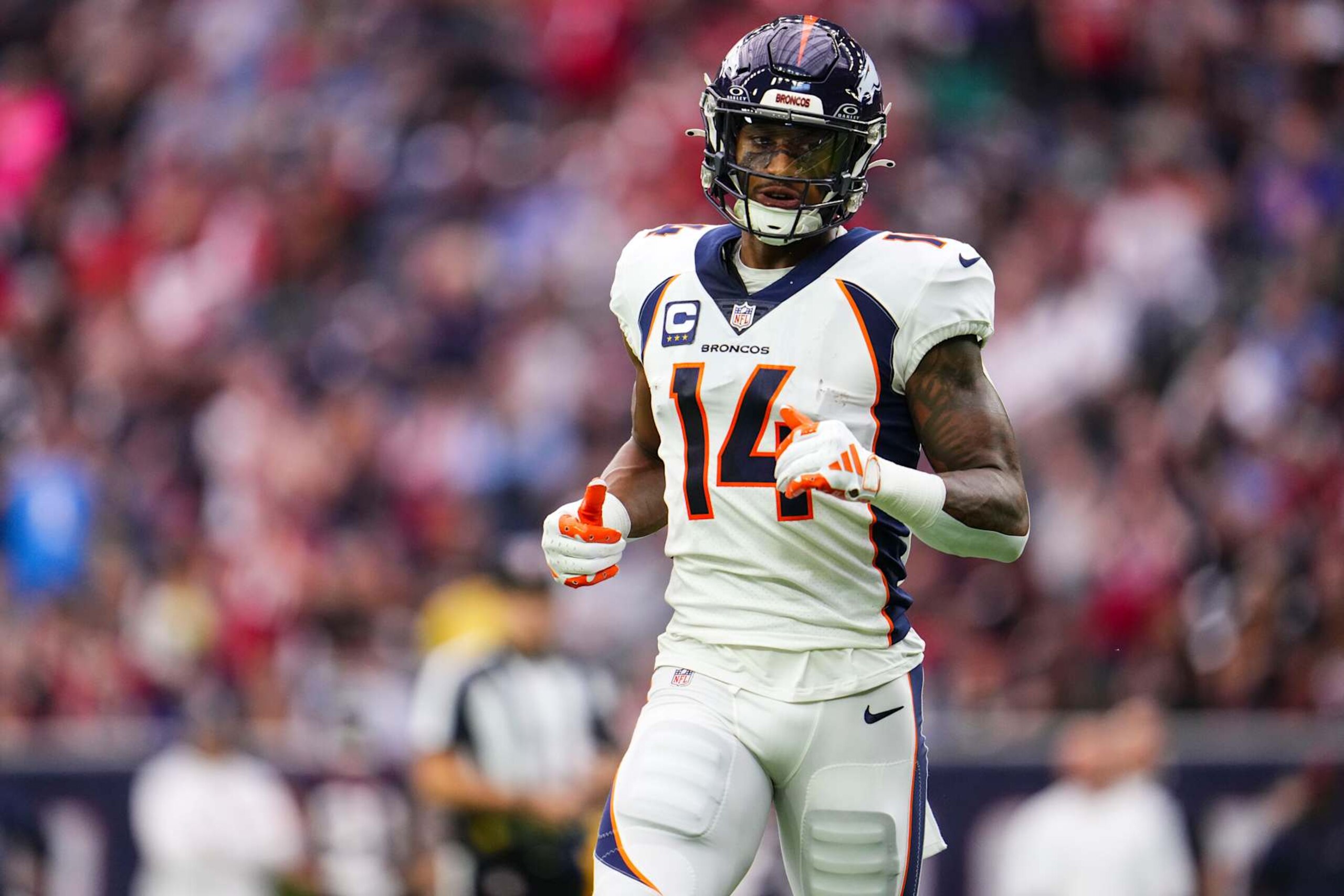 HOUSTON, TX - DECEMBER 03: Courtland Sutton #14 of the Denver Broncos looks on from the field during an NFL football game against the Houston Texans at NRG Stadium on December 3, 2023 in Houston, Texas. (Photo by Cooper Neill/Getty Images)