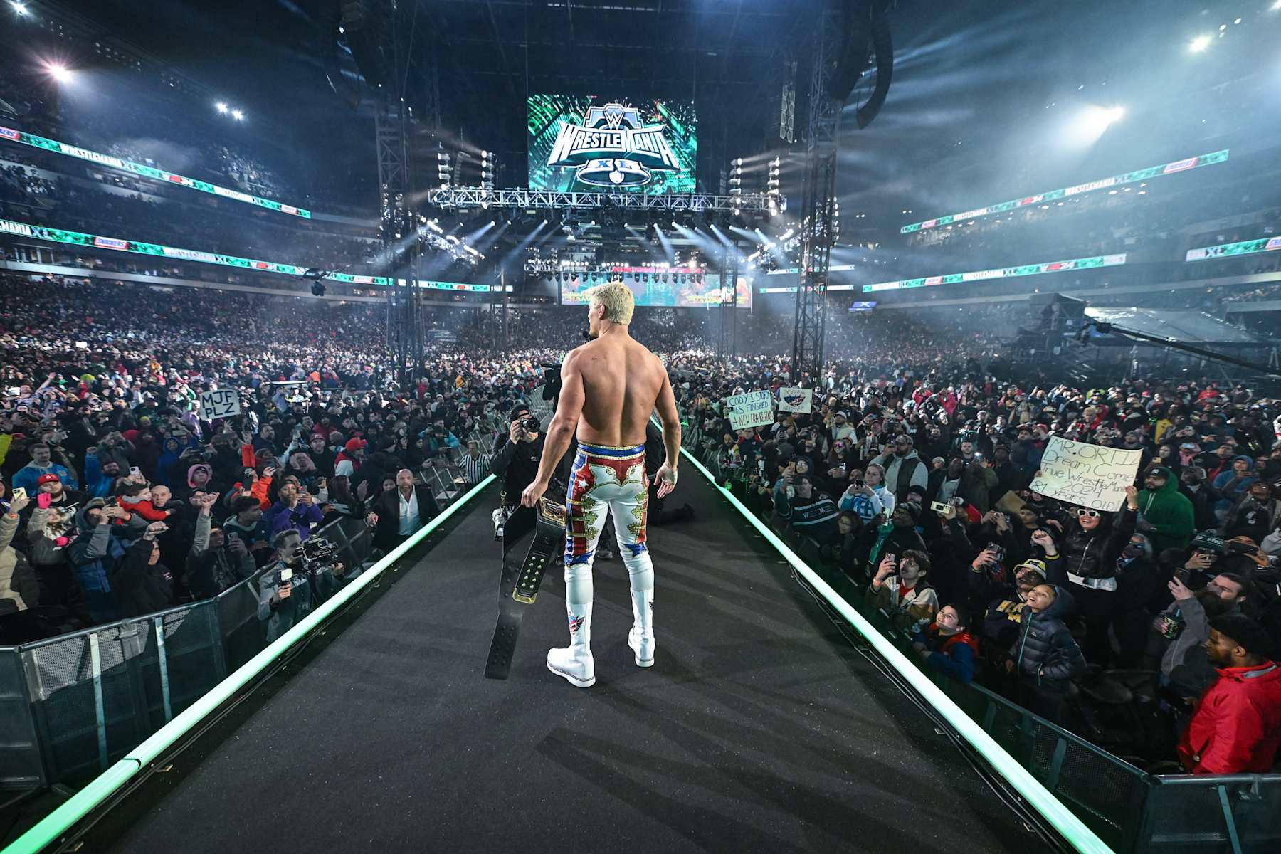 PHILADELPHIA, PENNSYLVANIA - APRIL 7: Cody Rhodes celebrates during Night Two of WrestleMania 40 at Lincoln Financial Field on April 7, 2024 in Philadelphia, Pennsylvania. (Photo by WWE/Getty Images)