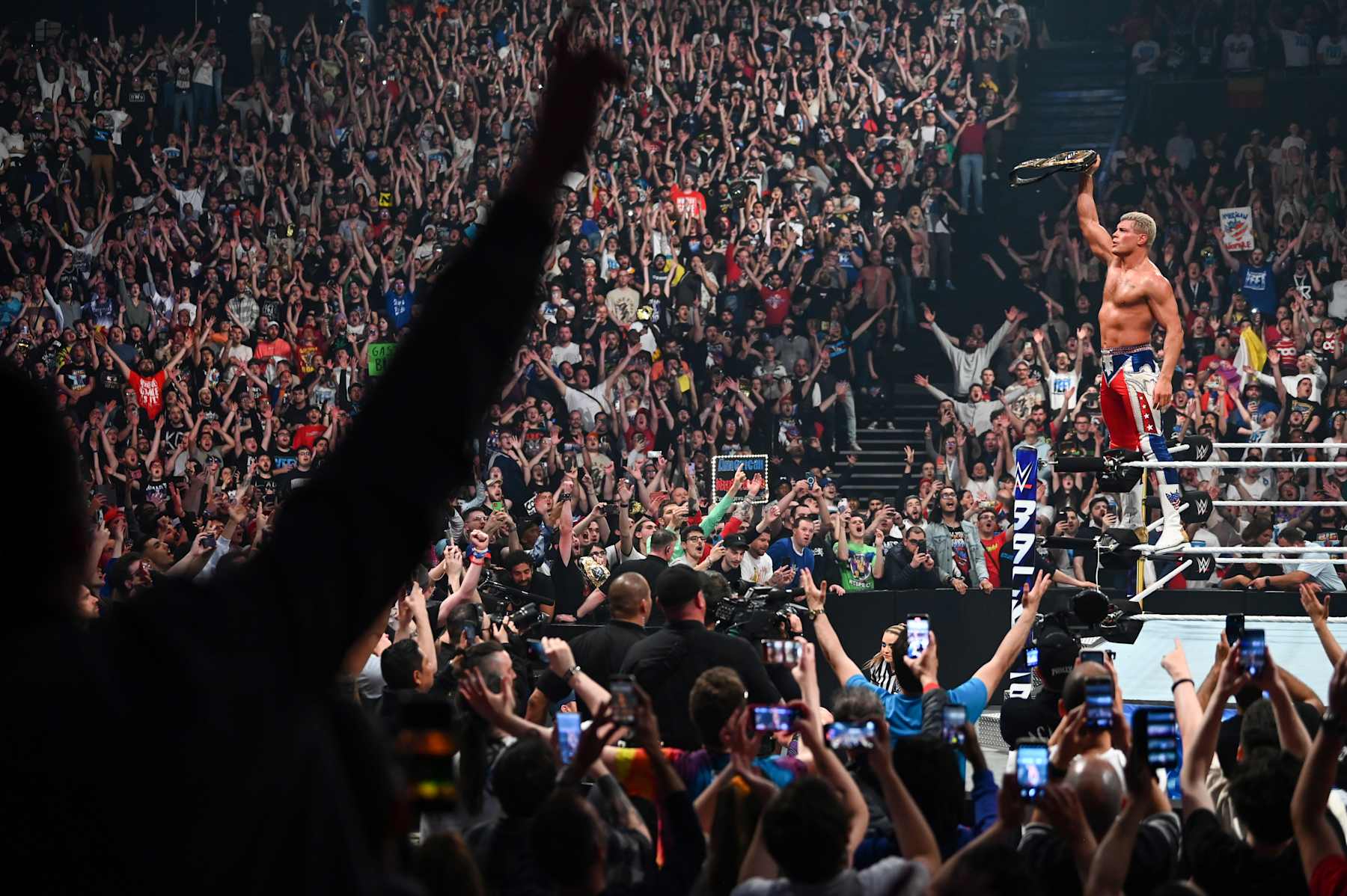 LYON, FRANCE - MAY 04: Cody Rhodes celebrates his win during Backlash France at LDLC Arena on May 4, 2024 in Lyon, France. (Photo by WWE/Getty Images)