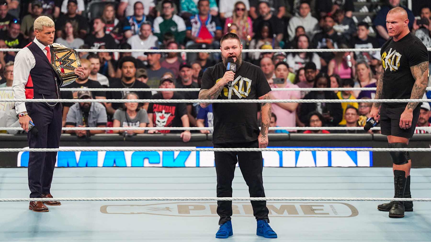 TORONTO, CANADA - JULY 5: Kevin Owens talks to the WWE Universe during SmackDown at Scotiabank Arena on July 5, 2024 in Toronto, Canada.  (Photo by WWE/Getty Images)