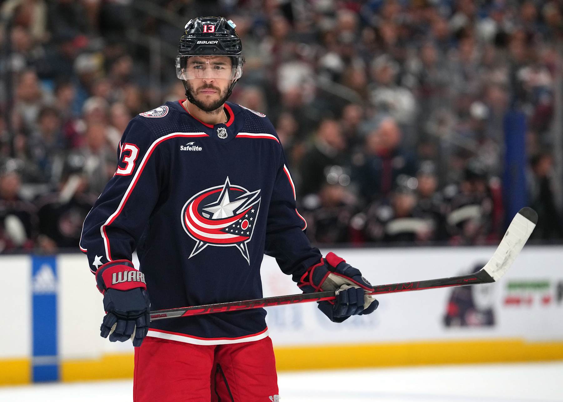 COLUMBUS, OHIO - APRIL 01: Johnny Gaudreau #13 of the Columbus Blue Jackets takes a break during a stoppage in play against the Colorado Avalanche at Nationwide Arena on April 01, 2024 in Columbus, Ohio. (Photo by Jason Mowry/Getty Images)