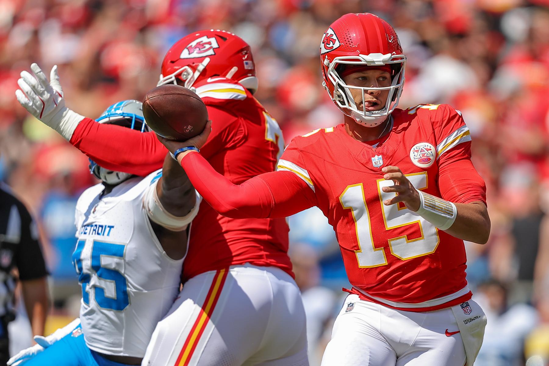 KANSAS CITY, MISSOURI - AUGUST 17: Patrick Mahomes #15 of the Kansas City Chiefs throws a first quarter pass during preseason game action against the Detroit Lions at GEHA Field at Arrowhead Stadium on August 17, 2024 in Kansas City, Missouri. (Photo by David Eulitt/Getty Images)