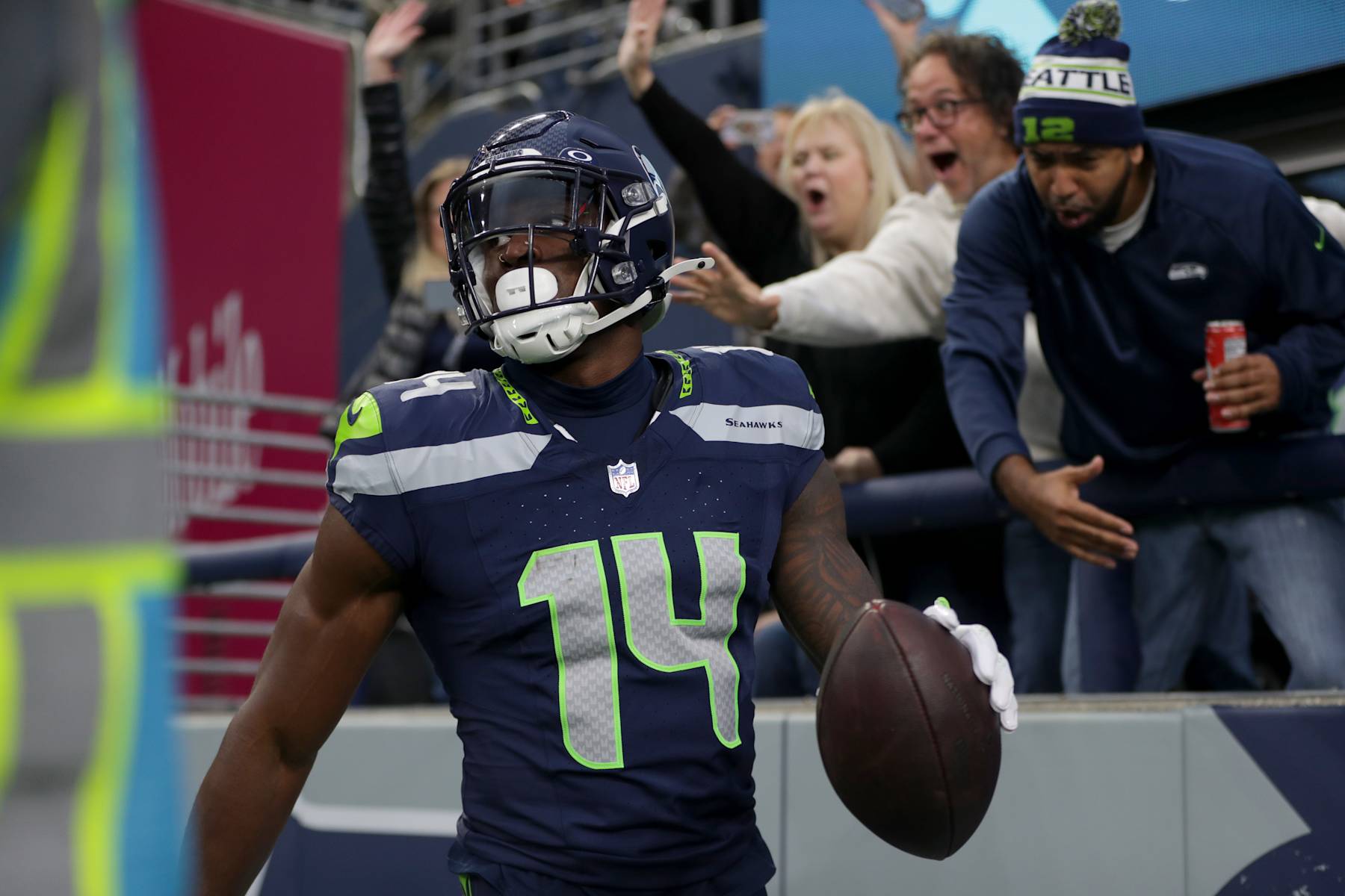 SEATTLE, WASHINGTON - AUGUST 24: Wide receiver DK Metcalf #14 of the Seattle Seahawks celebrates after scoring a touchdown against the Cleveland Browns during an NFL preseason game at Lumen Field on August 24, 2024 in Seattle, Washington. (Photo by Rio Giancarlo/Getty Images)