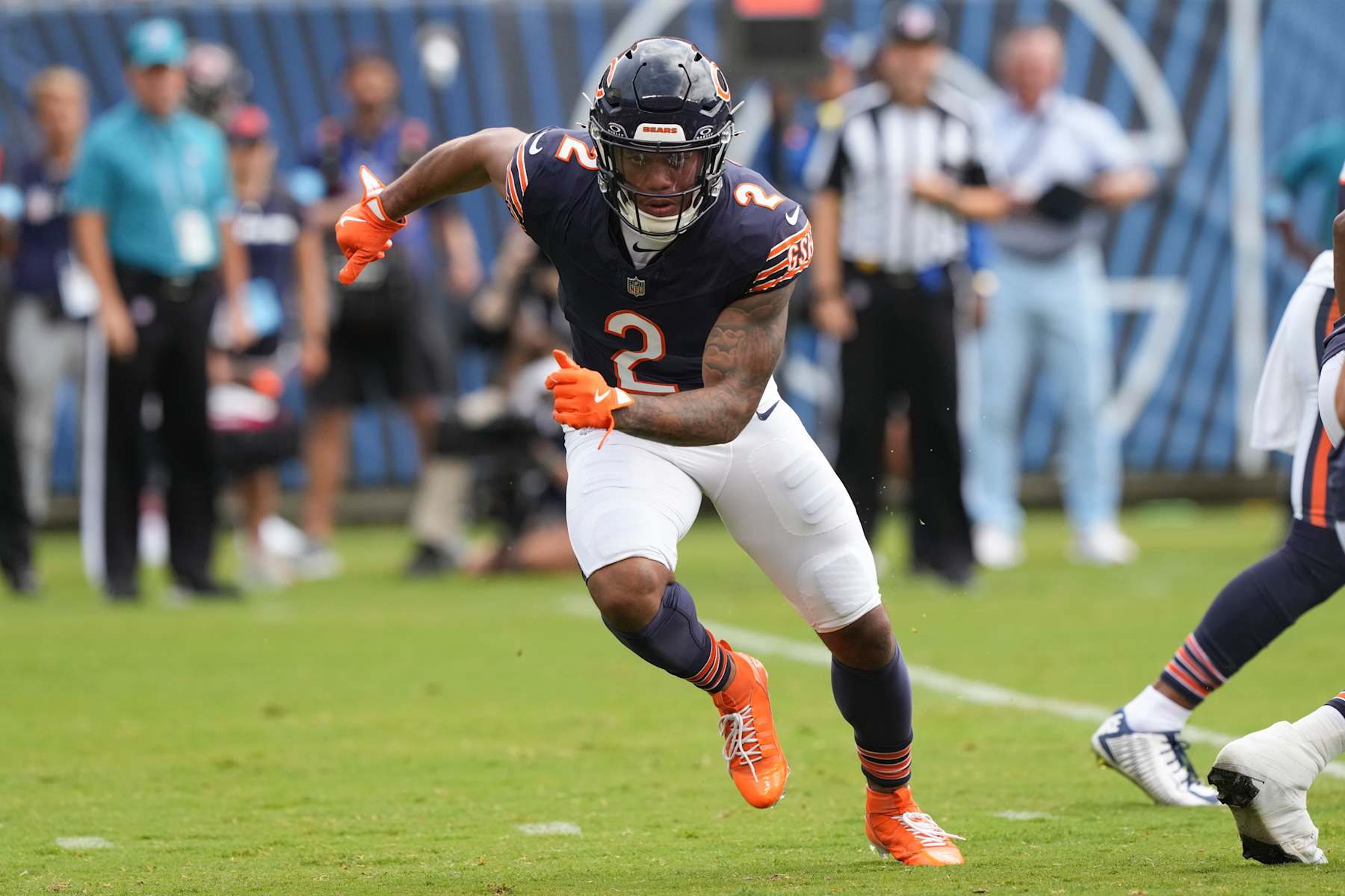 CHICAGO, IN - AUGUST 17: DJ Moore #2 of the Chicago Bears runs a route during the first quarter of an NFL preseason football game against the Cincinnati Bengals, at Soldier Field on August 17, 2024 in Chicago, Illinois. (Photo by Todd Rosenberg/Getty Images)
